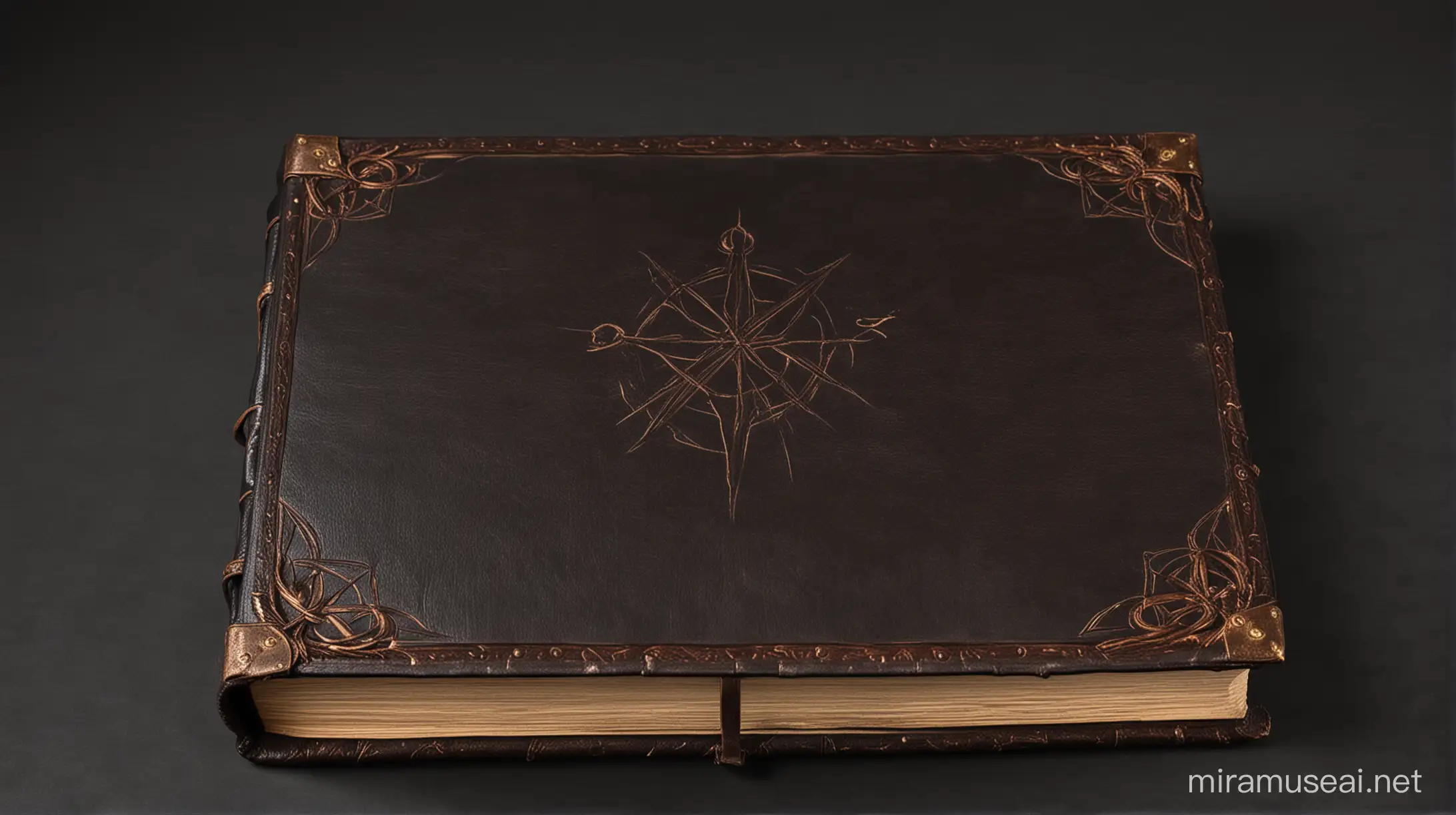 dark-colored, leatherbound, forbidden book, with no wording or images on the cover