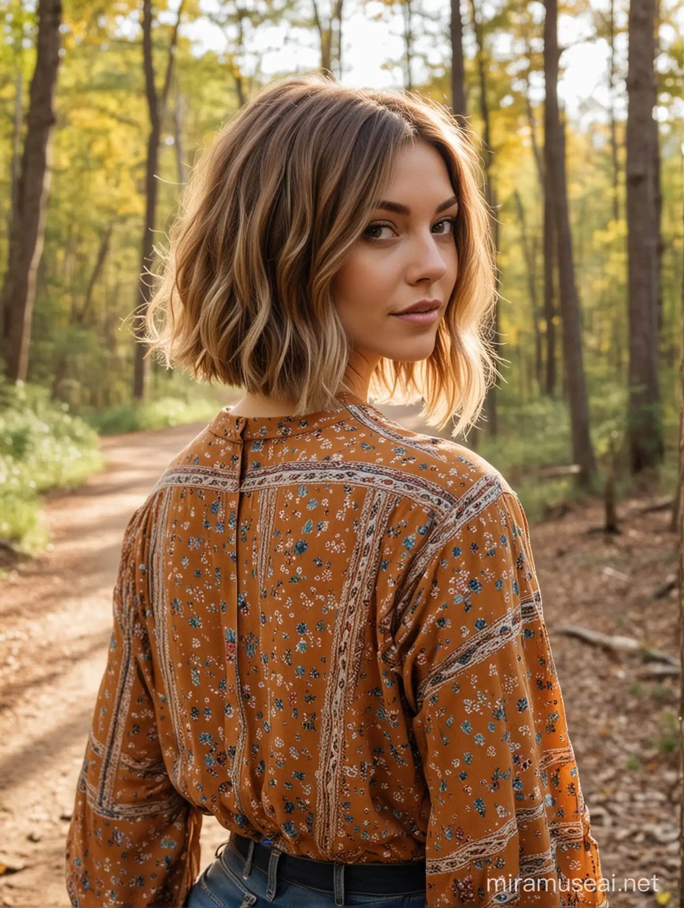 a colorful photo of a country quirky bohemian woman out in the country woods with her back turned to the camera, while she is looking back at the camera. The woman also has light brown hair in a medium cut bob hairstyle.
