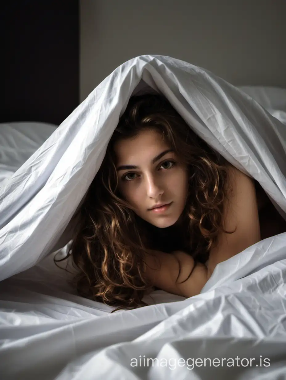 a photo of Michela, an Italian prosperous girl, came back home from college with brown wavy hair, relaxing under the sheet in her bed after waking up