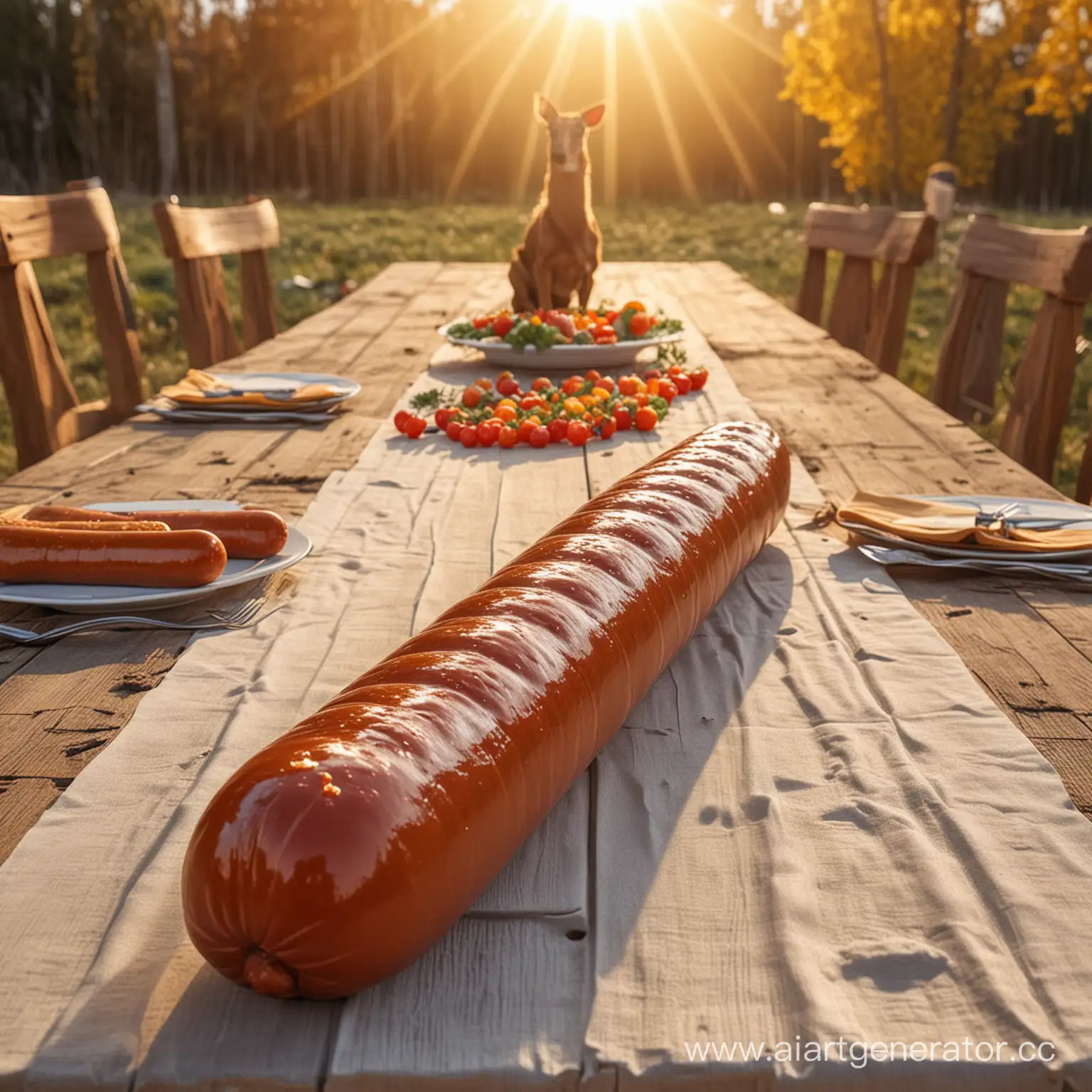  одна гигантская длинная колбаса лежит на длинном столе, на фоне чум, олени, праздник, солнце, радость