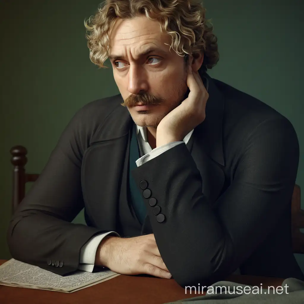 An adult Alexander Dumas son, sits sad and stares off into the distance. He is a 40-year-old man with white skin, curly hair sticking out to the sides, large, bare eyes, a thin, sharp nose, small lips, and a long, blond mustache sticking out in two directions. Realism style image, 3d animation.