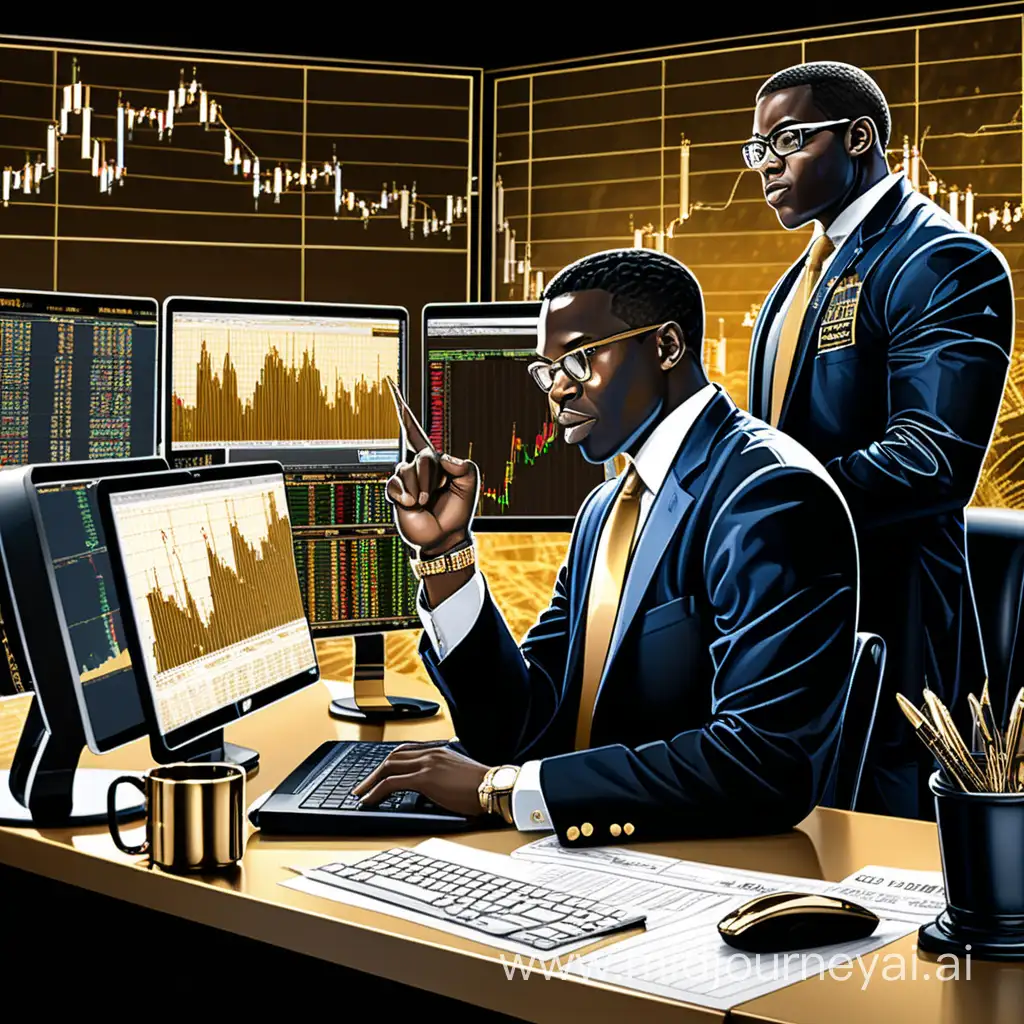 Black Stock trader and black Gold trader at their Trading desk with lap top showing the stock and gold charts with a wall street background 