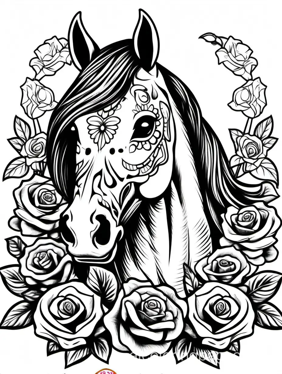 realistic horse in day of the dead with roses

, Coloring Page, black and white, line art, white background, Simplicity, Ample White Space. The background of the coloring page is plain white to make it easy for young children to color within the lines. The outlines of all the subjects are easy to distinguish, making it simple for kids to color without too much difficulty