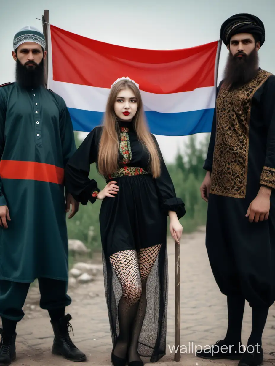 A Russian girl, vulgarly dressed, in a traditional national Russian costume, in black large fishnet stockings, with a Russian flag, stands next to Muslim migrant men with a beard.
