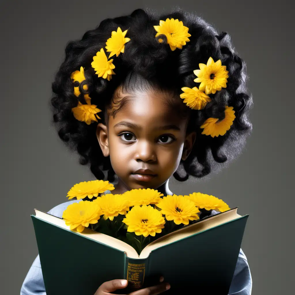 university, brains, designs, books, black child, yellow flowers in hair
