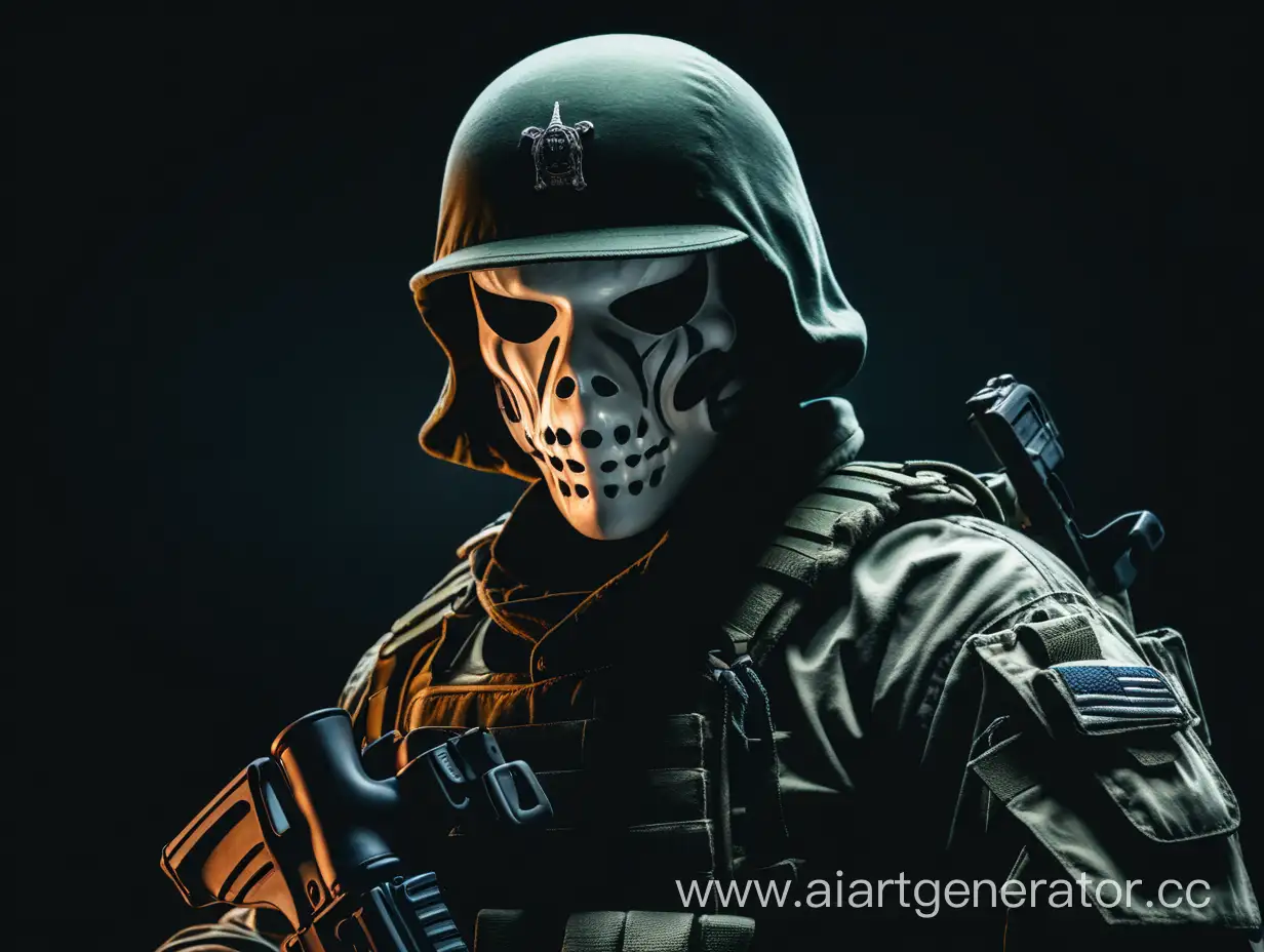Устрашающий солдат в маске призрака на темном фоне
