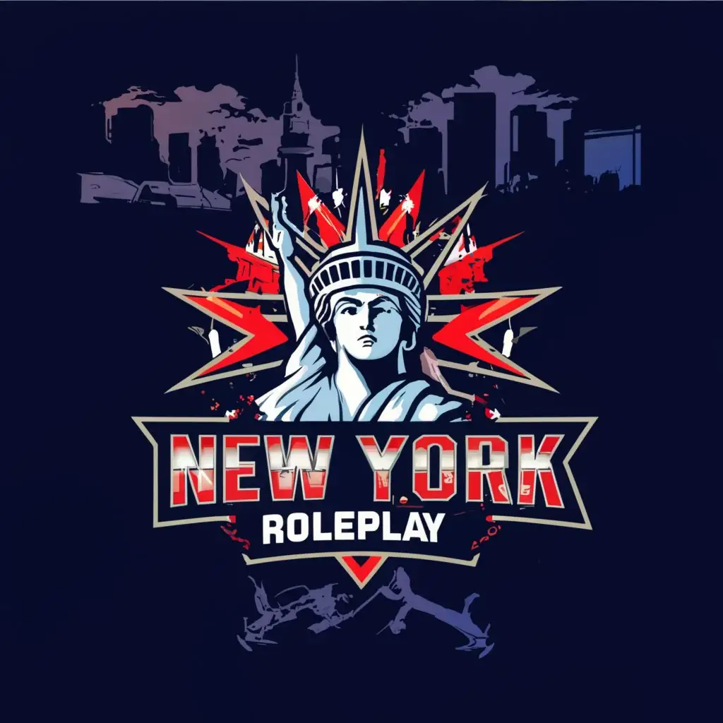 a logo design,with the text "New York Roleplay", main symbol:Red and blue lights flashing on The Statue of Liberty while the police are engaged in a intense battle with criminals,complex,clear background