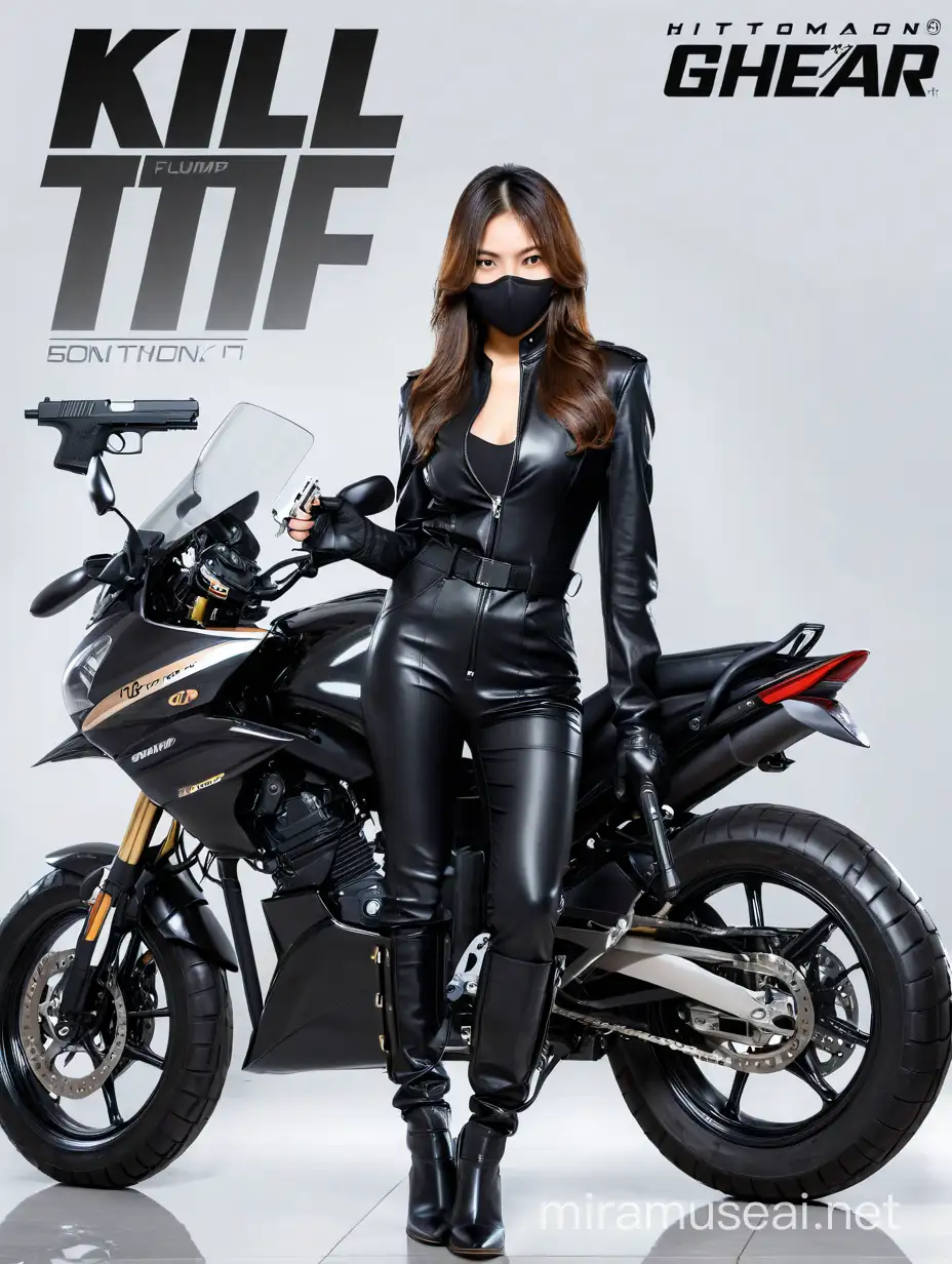 asian teenage girl, hitwoman, female mafia, assassin, pretty teenager japanese girl face, big eyes, plump figure, light brown straight hair, clad black leather jump suit, leather outfit, high heel thigh high boots, donning full finger leather gloves, 4 long fingers, standing pose, right hand holding a silenced pistol  with focused intent, tactical gear, surrounded by the corporate ambiance of a high-rise office, photo realistic, dramatic lighting, attention to fabric texture, contrast between the sharpness of her attire and the blurred city scape visible through the panoramic window, tension captured in the scene, ultra realistic.
