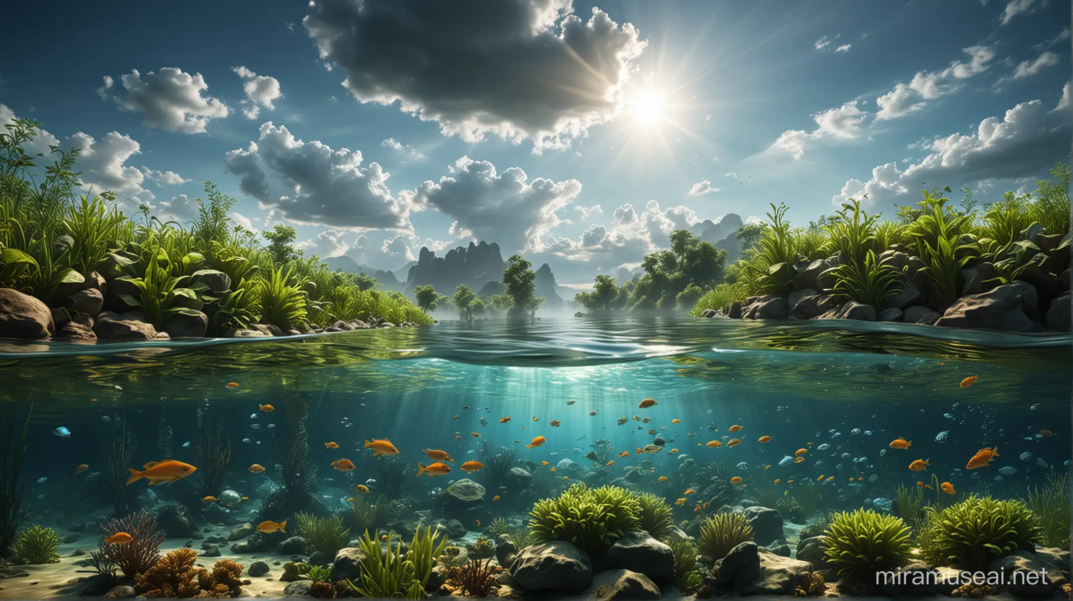 (ultra high resolution: 1.4), (masterpiece), (beautiful lighting: 1.4), lush vegetation, European river, clear water, river, Bright sun illuminates the crystal-clear water, (deep underwater), realistic river plants, half above water and half below water, (clear underwater), beautiful sky with clouds, fish, depth.