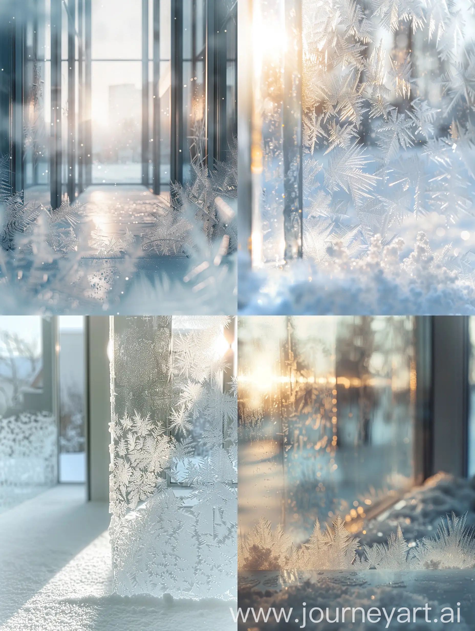 рекламная стилистика, спереди прозрачное стекло во всё изображение, спереди на стекле морозные узоры, иней по краям, посередине стекло прозрачное, блики, свет  спереди слева, морозное настроение