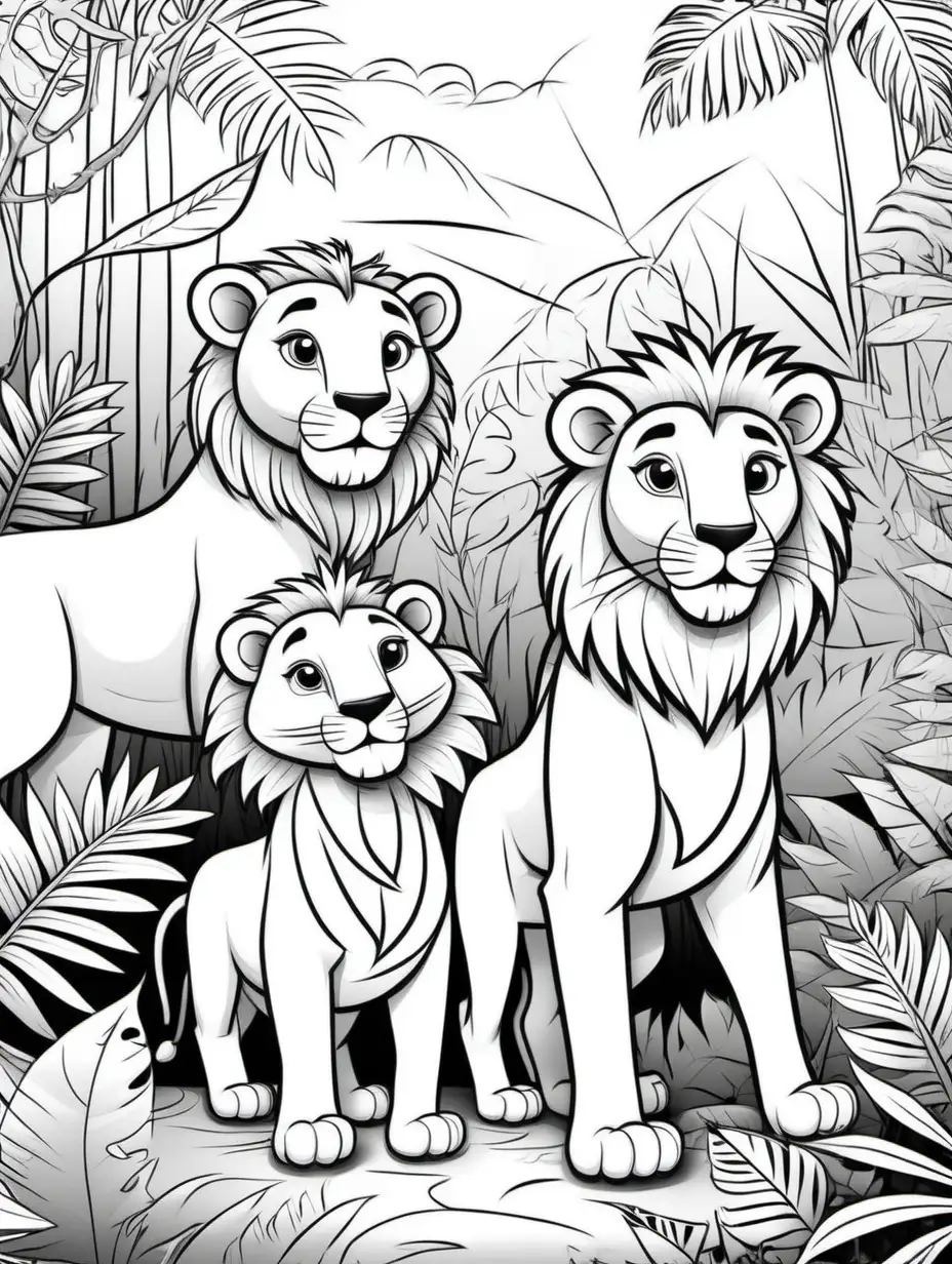 composicion dibujo en blanco y negro para colorear para niños, de leones por la selva, adorables , estilo cartoon , lineas finas y sin sombreado