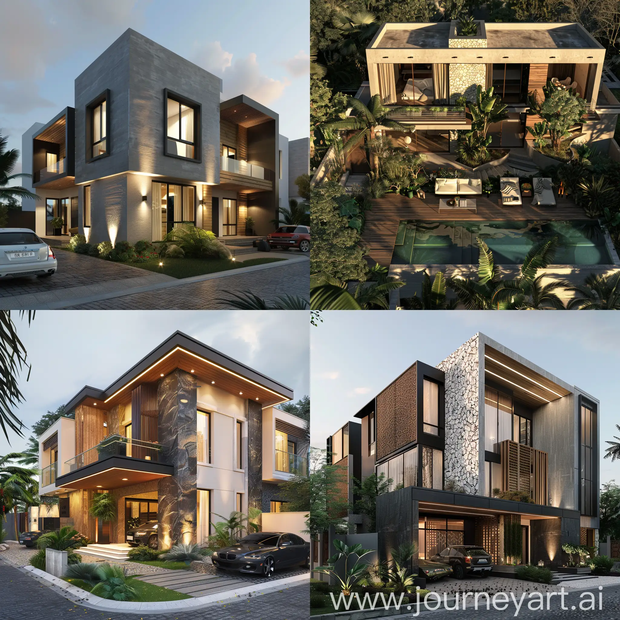architectural render, a 3 bed room house, dark academia african fusion style 