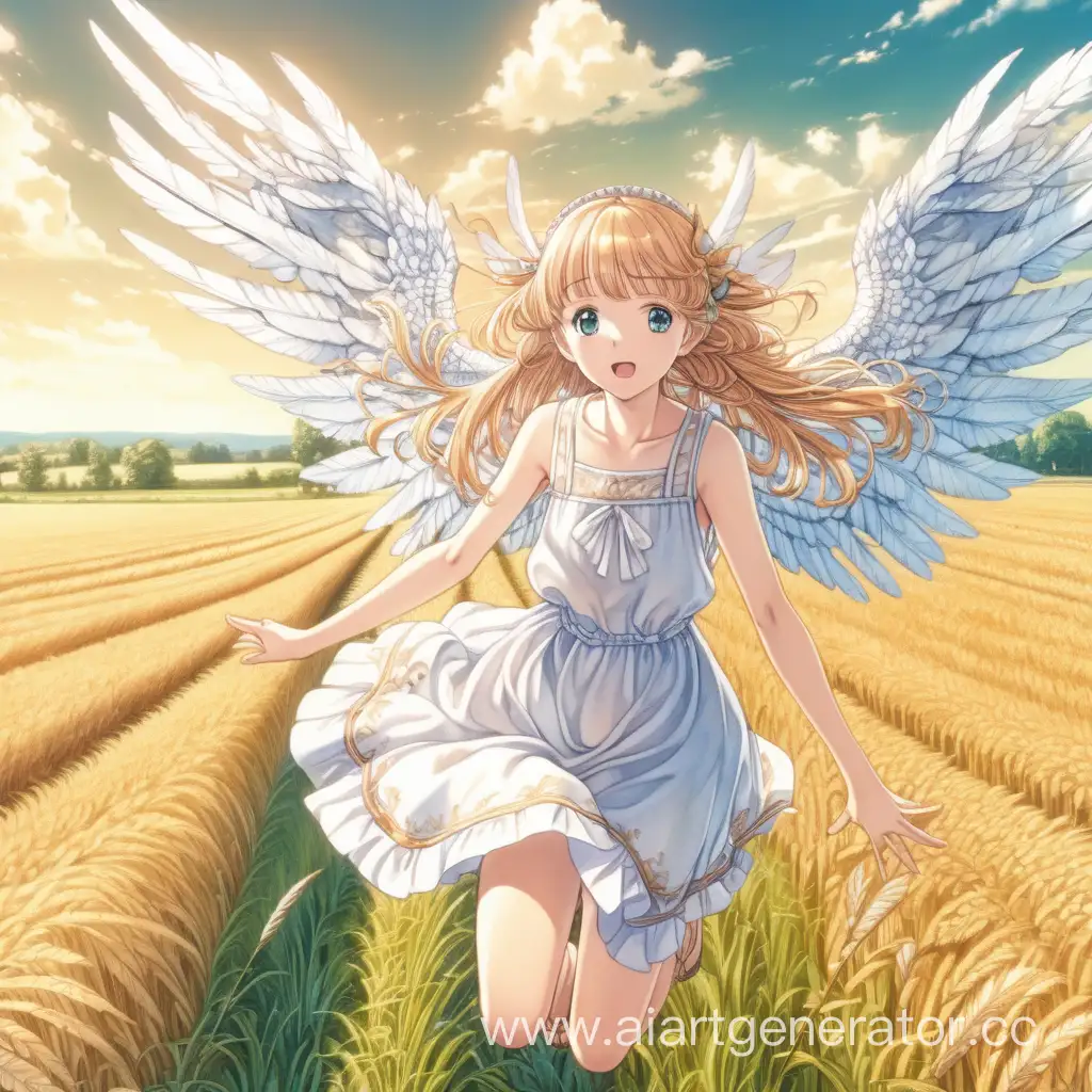 девушка в сарафане с большими ангельскими крыльями летит над полями (аниме стиль)