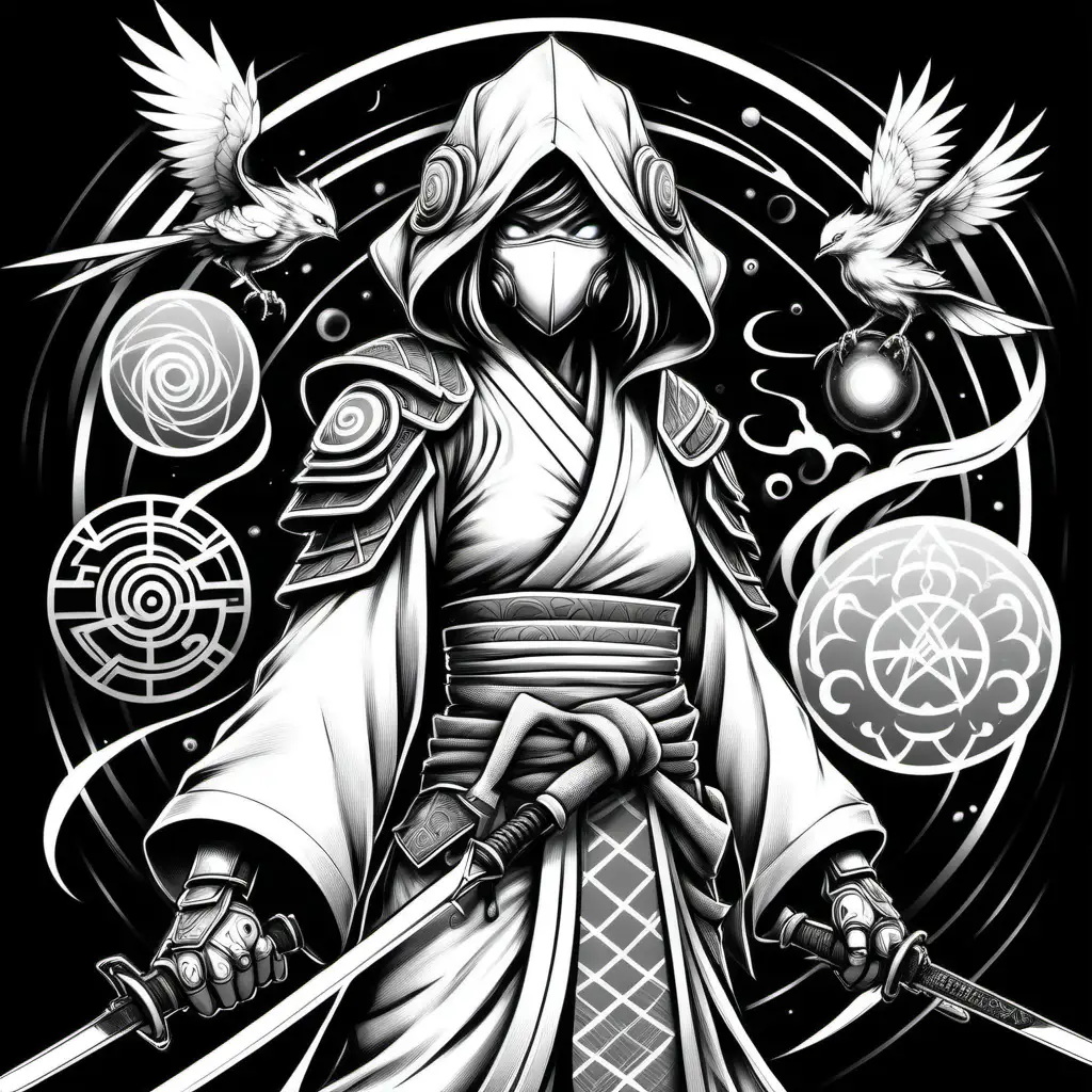 high definition drawing of a concept art lineart with cyberpunk Samurai ninja,Starter outfit Bird helmet Air Bender Jinjuriki with armored robe and cloud symbol eyeballs With glowing elemental wind fists wearing a beautiful wind kimono with white Silver black and white sacred geometry and armored shoulder guards with large spikey cloud hair With glowing magic fists wearing a beautiful flowing wind kimono with whites ivory casting wind spells from his hands Japanese clouds black and grey whites grays and light colors sacred Cloud geometry and armored shoulder guards gourde in the style of black and white lineart drawing sketch concept art