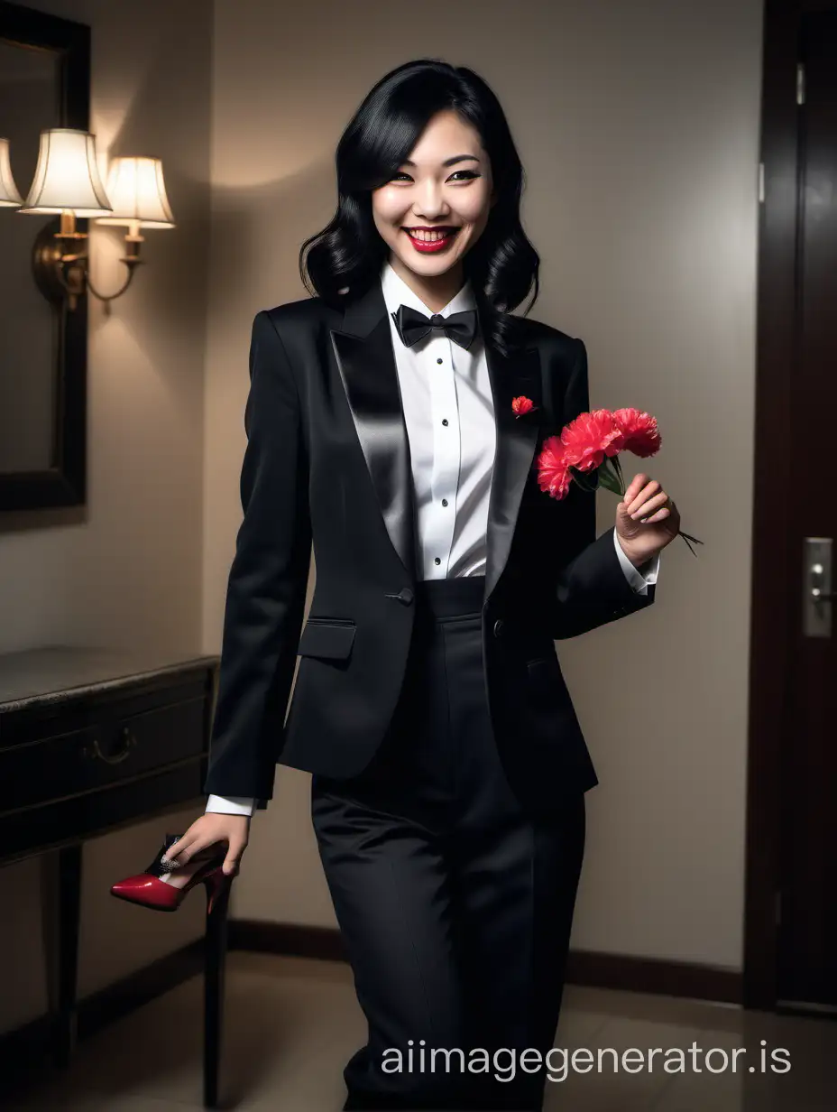 It is night. The lighting is dim. The scene is the room in a wealthy mansion. A beautiful smiling and laughing japanese woman with long black hair, and lipstick, mid-twenties of age, is walking straight forward, looking at the viewer.  She is wearing a tuxedo with a black jacket and black pants.  Her shirt is white with double french cuffs and a wing collar.  Her bowtie is black.   Her cufflinks are large and black.  She is wearing shiny black high heels. She is smiling and laughing.  Her jacket is open.  Her corsage is a red carnation.  Her jacket is open. Photorealistic, best quality raw photo.
