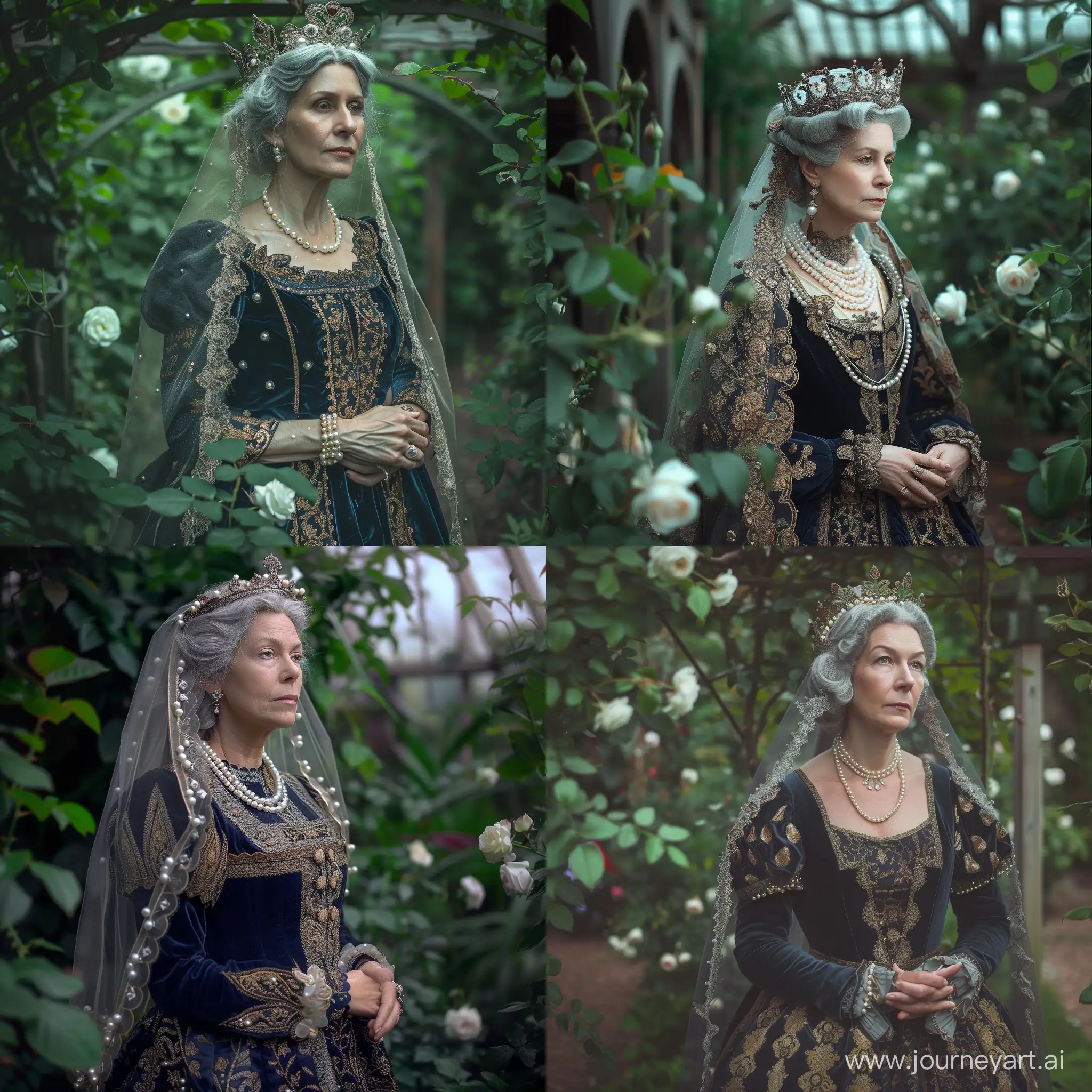 A woman in an elegant historical costume, reminiscent of the clothing of European nobility during the Renaissance, stands in a lush garden. She is dressed in a dark blue dress with gold patterns and rich pearl jewelry. She wears an elegant veil and crown on her head. Her hair is pure grey. Her gaze is directed into the distance, and she holds her hands folded in front of her. There are green plants and flowers growing around her, including a rose bush with white roses. The atmosphere of the image is quiet and thoughtful, with elements of romance and grandeur.