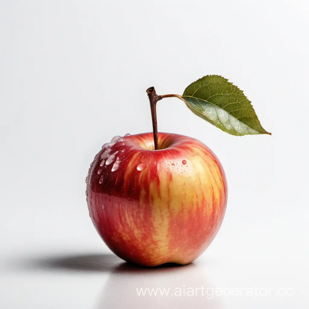 одно зимнее яблоко, сочное, максимально детализированное, констрастное, небольшая ветка с одним листиком, вид сбоку, на белом фоне, выраженная композиция