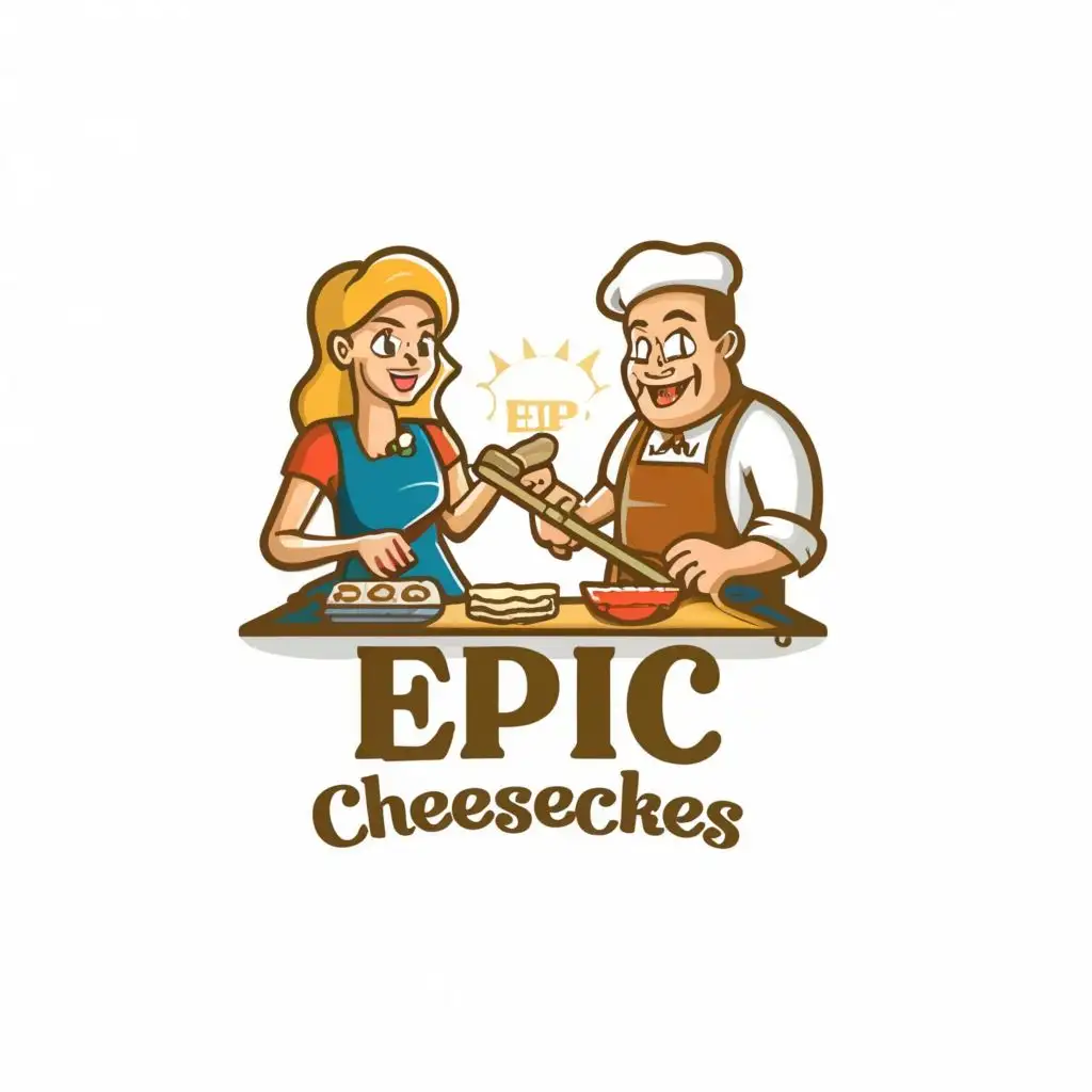 logo, A white female and white older male making cheesecakes in a kitchen with four on their faces.       ( cartoon characters),  with the text "Epic Cheesecakes", typography, be used in Restaurant industry