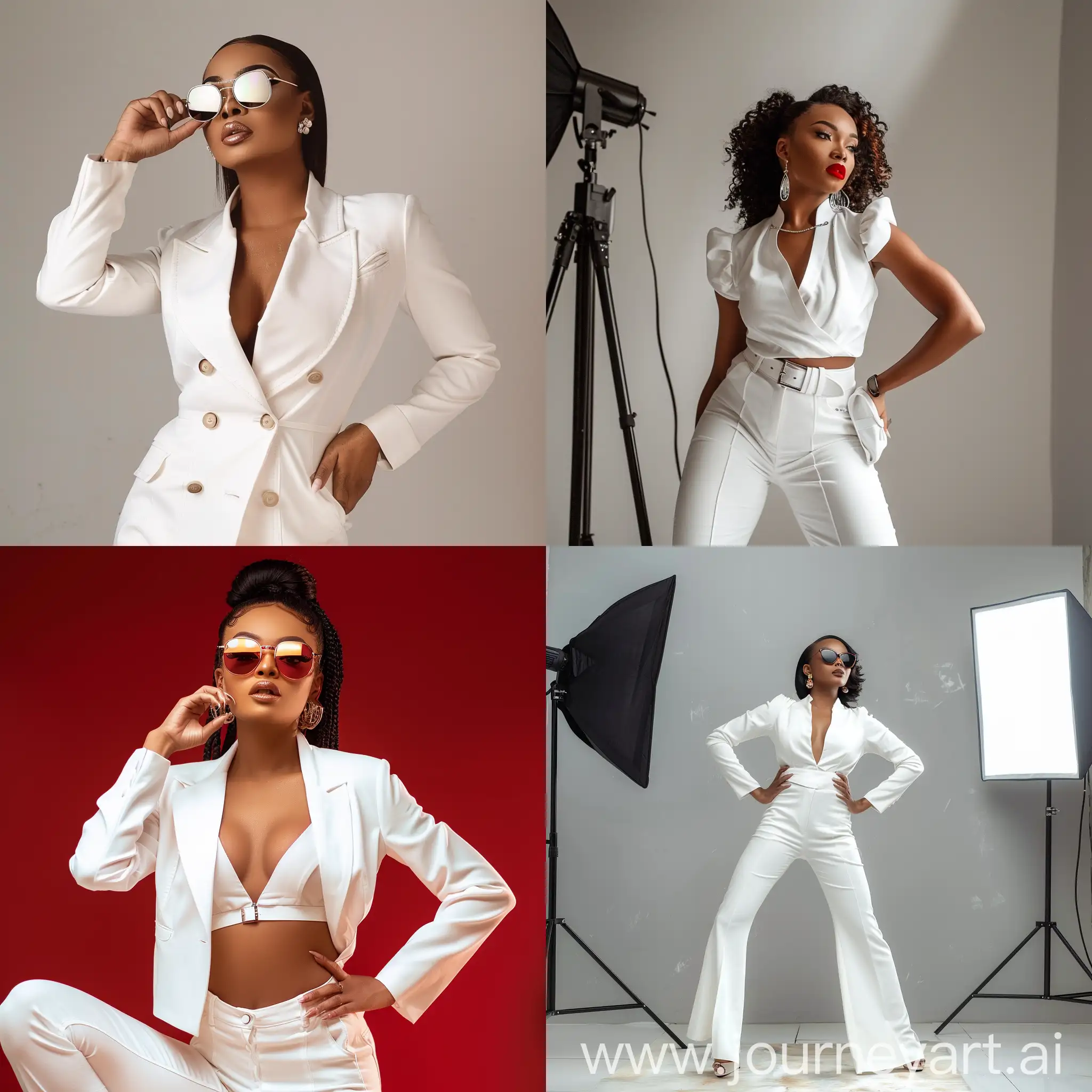 A stylish woman in white striking boss poses during a studio photoshoot, --sref https://i.pinimg.com/564x/be/c8/7e/bec87e168090b442541f3c560c1ce8ed.jpg --sw 0