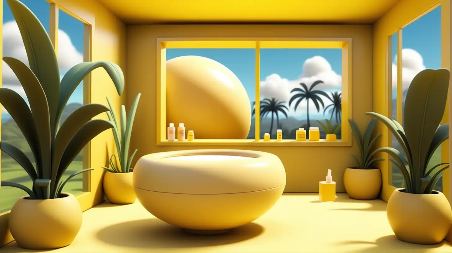 Design a metaverse space that serves as an interactive 'Bum bum body cream creation lab. space is yellow mustard. no people. Just Bum buam cream pots and Brazilian tropical landscape through the window. make it look like a cream lab inside. something like the fenty lip lab in roblox
