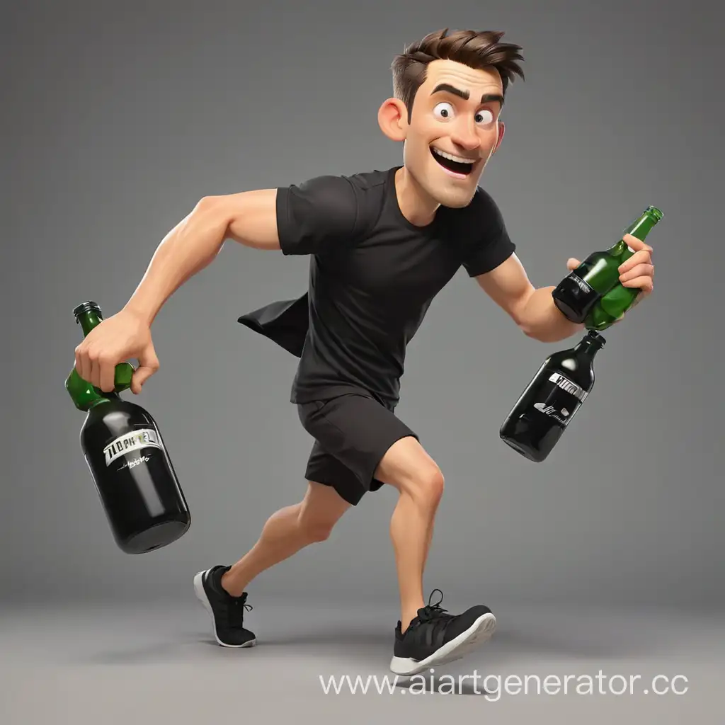 мультяшный мужчина в черной футболке бежит держа в руках бутылки