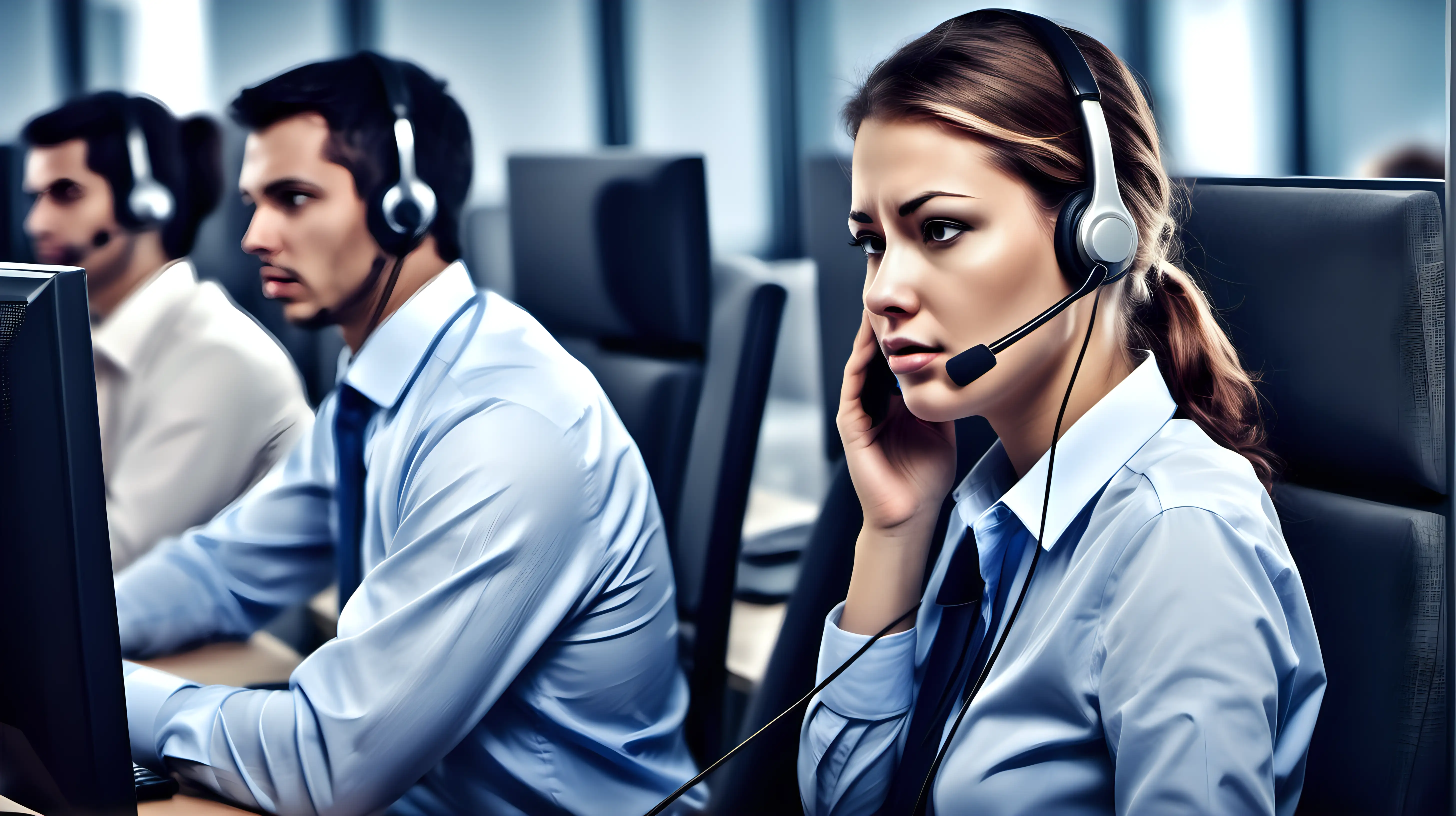 Fatigued Call Center Representative Providing Customer Support