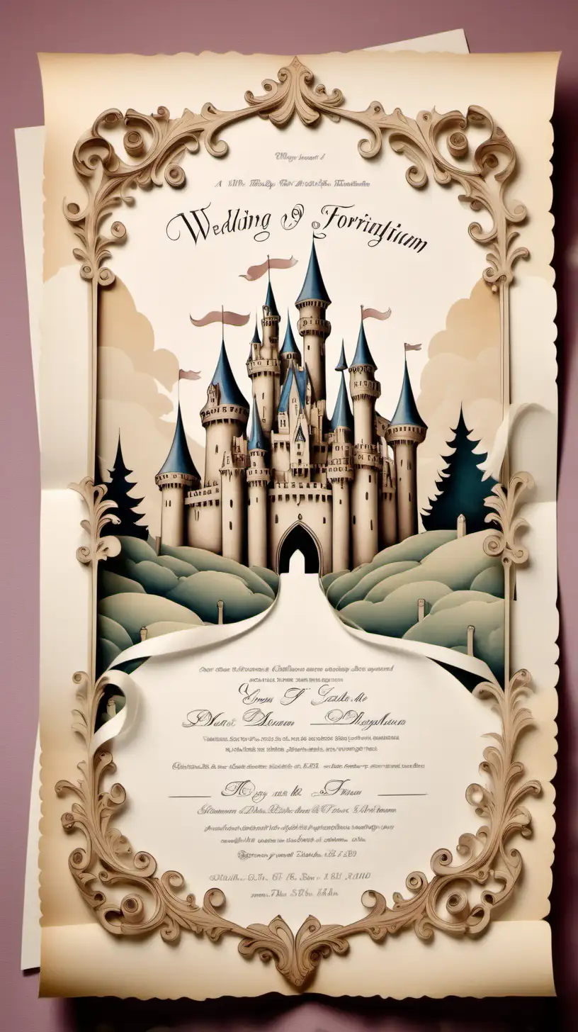 Fairytale Castle Wedding Invitation on Antique Paper Scroll | MUSE AI