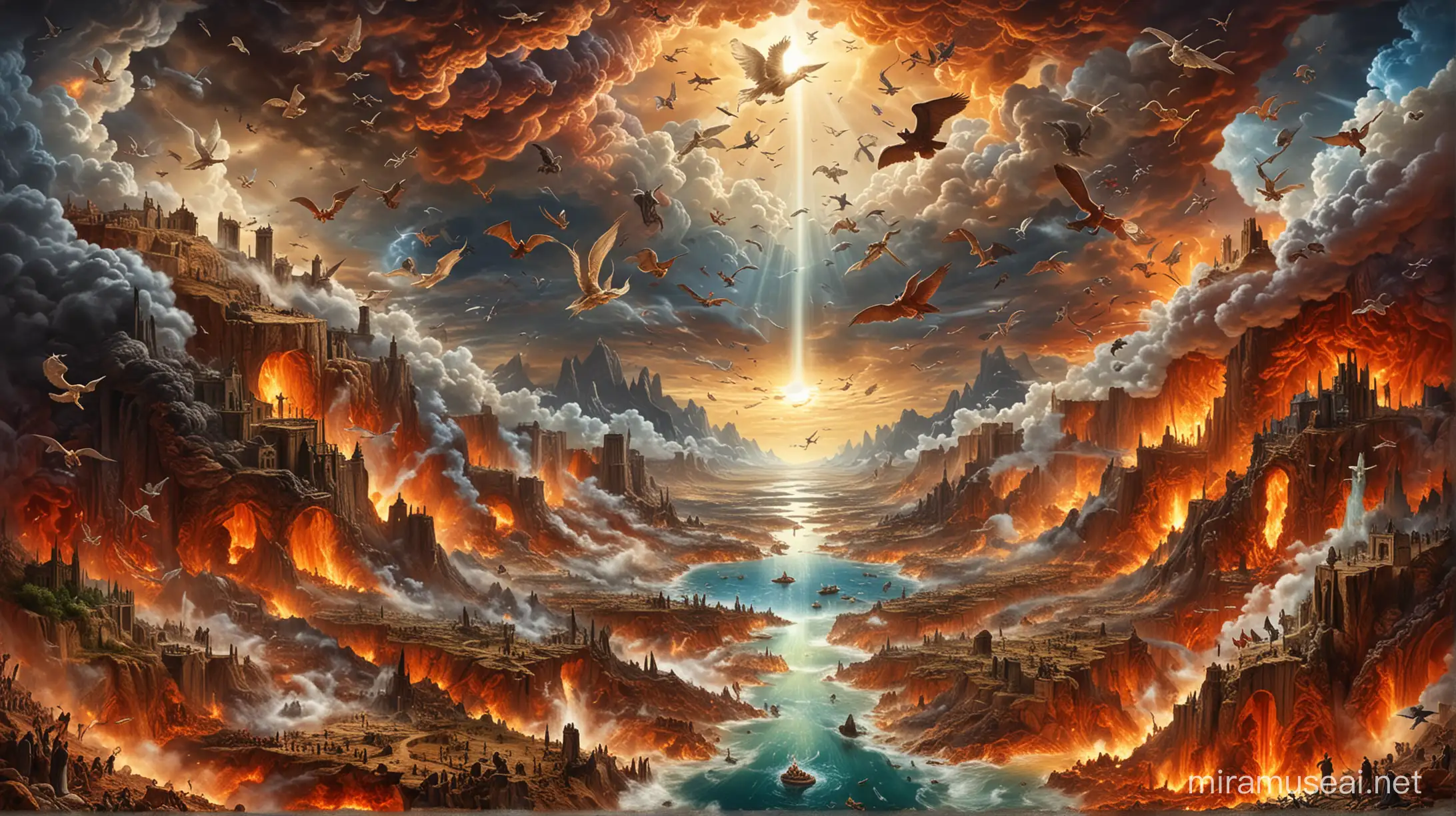 Detailed Depiction of Heaven Hell and Earth Combined in One Image
