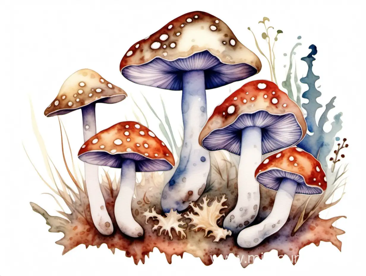 /imagine prompt: print of watercolor illustrationof fungus, in the style of detailedbackground elements, dreamlike illustrations, isolated figures on white background--ar4:3