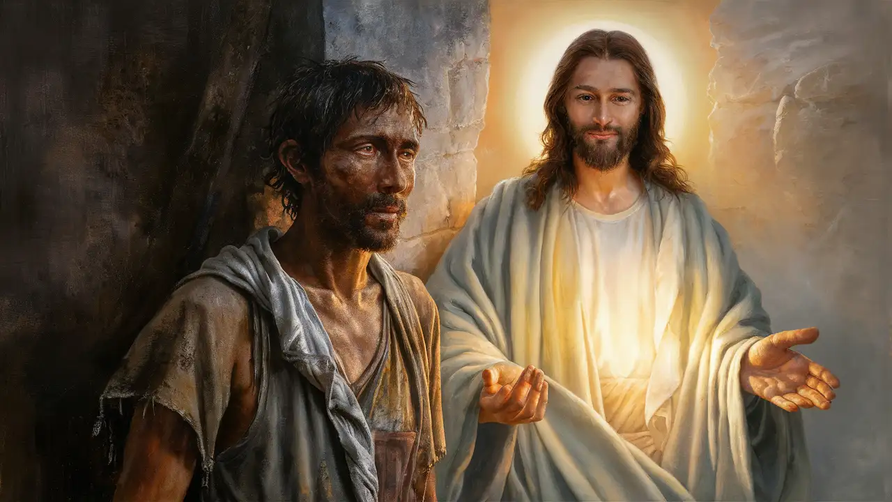 "Create an image that captures the longing in the freed man's eyes as he expresses a desire to accompany Jesus, longing to follow the one who delivered him from darkness into light. Show the depth of his gratitude and devotion."