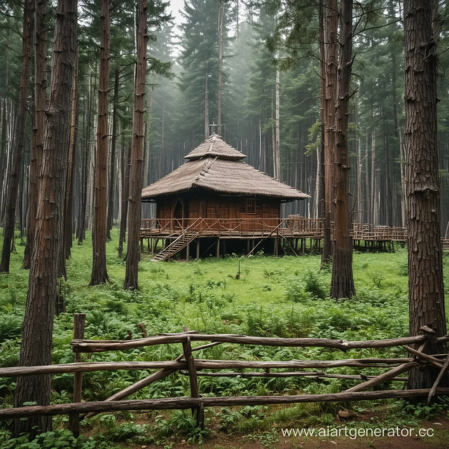 Деревянный монастырь в лесу, окружённый забором из кольев