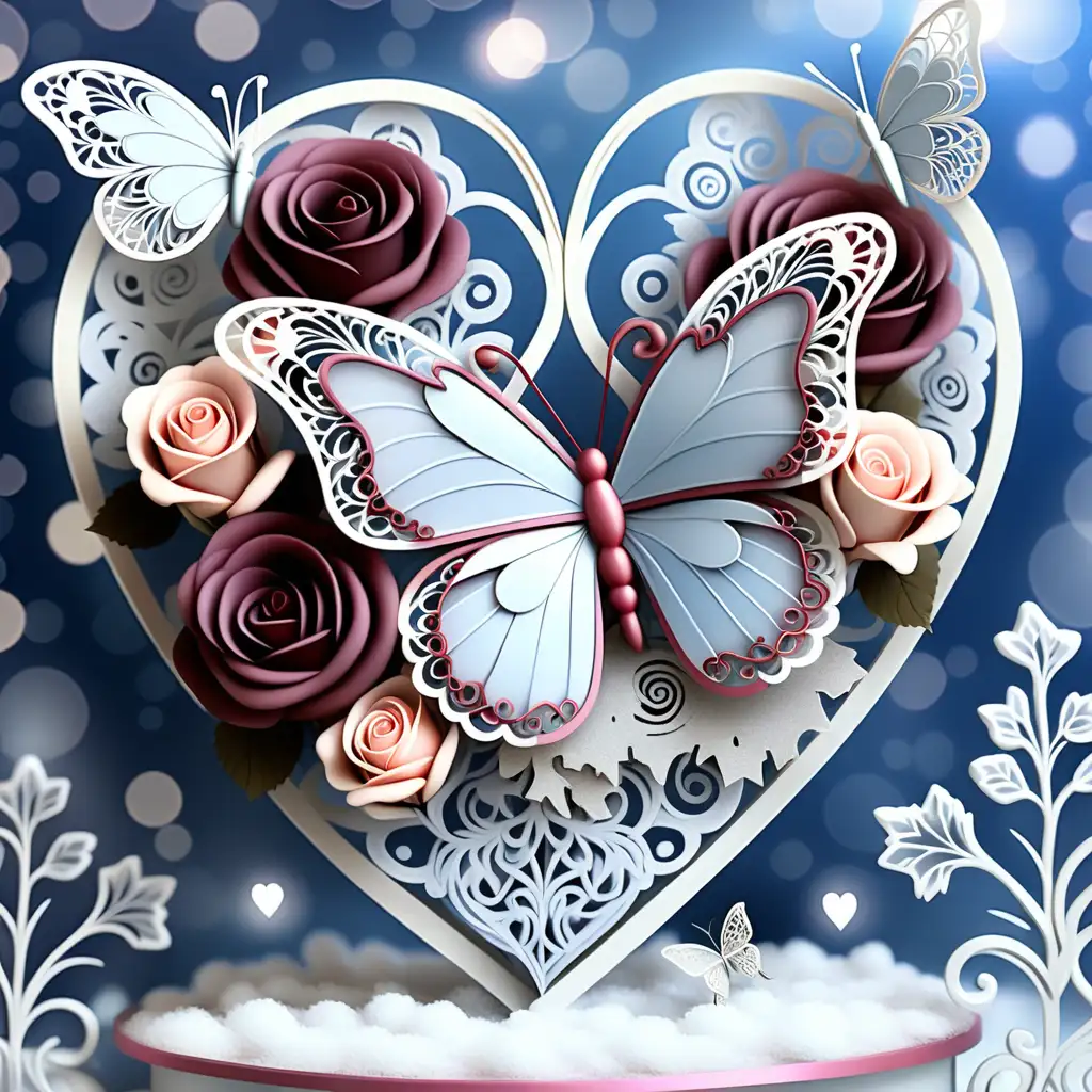 Exquisite Lacey Butterfly on Frosted Hearts Amidst Winter Wonderland