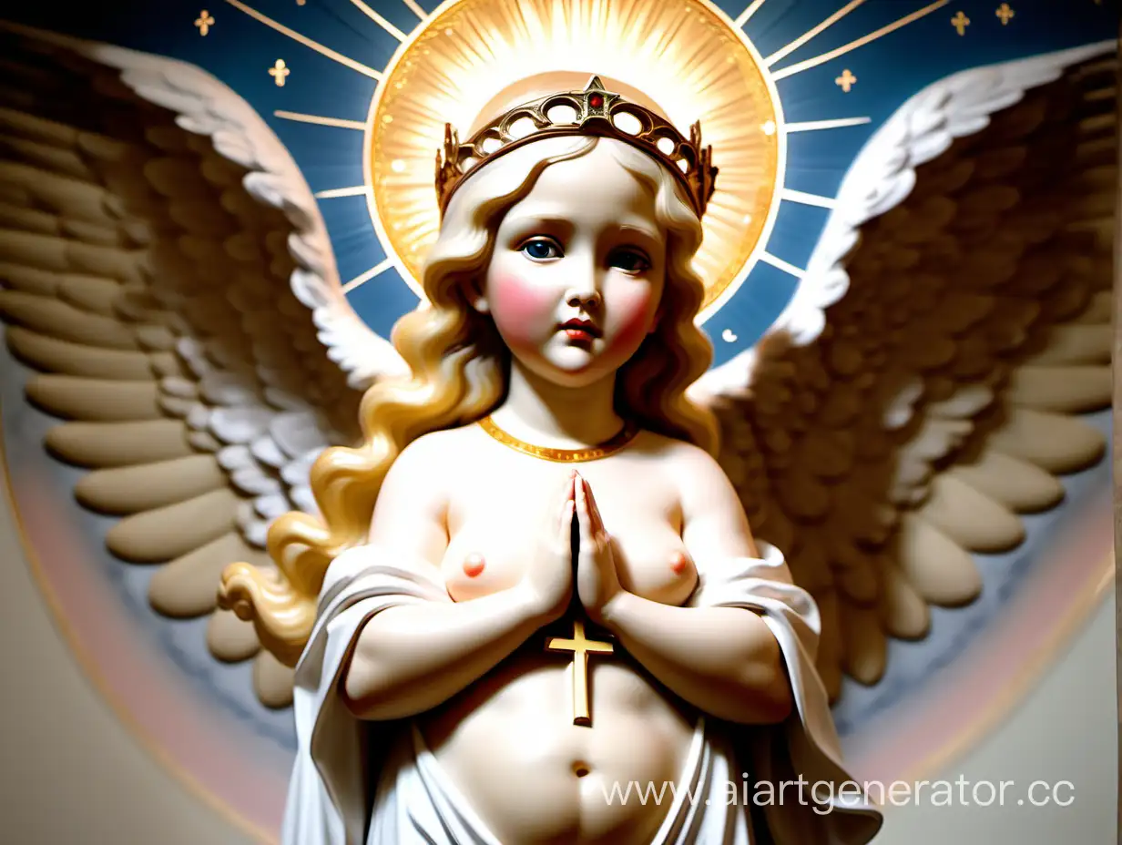 богиня толстушка блонди с крыльями с большой очень , с нимбом, на иконе в церкви много маленьких девочек рядом служат ему, для самых маленьких детей , можешь когда захочешь