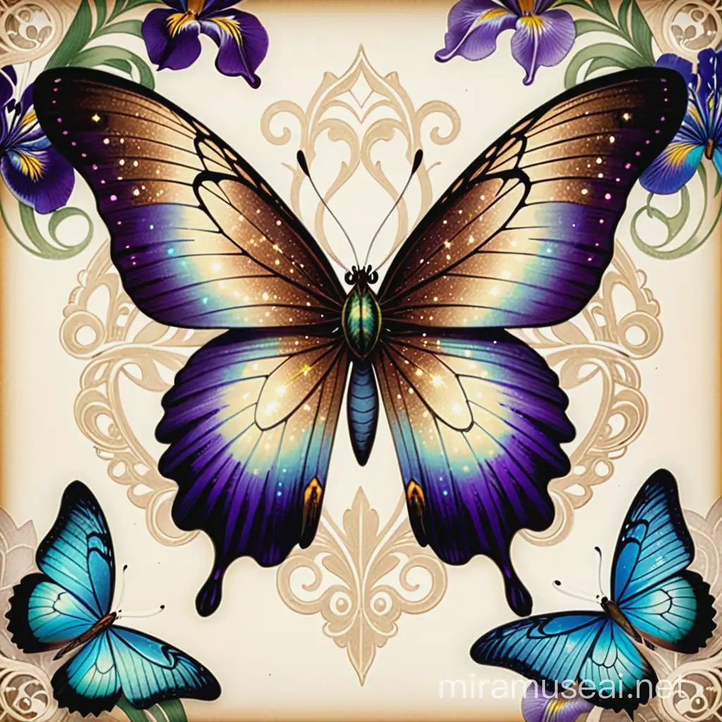 iris flowers, beautiful detailed wing butterfly, filigree, glitter, sparkle, glowing shine, digital antique paper