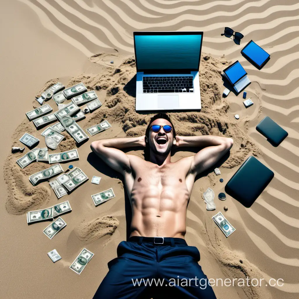 Накаченный мужчина лежачий на песке у моря рядом разбросаны деньги и лежит ноутбук 