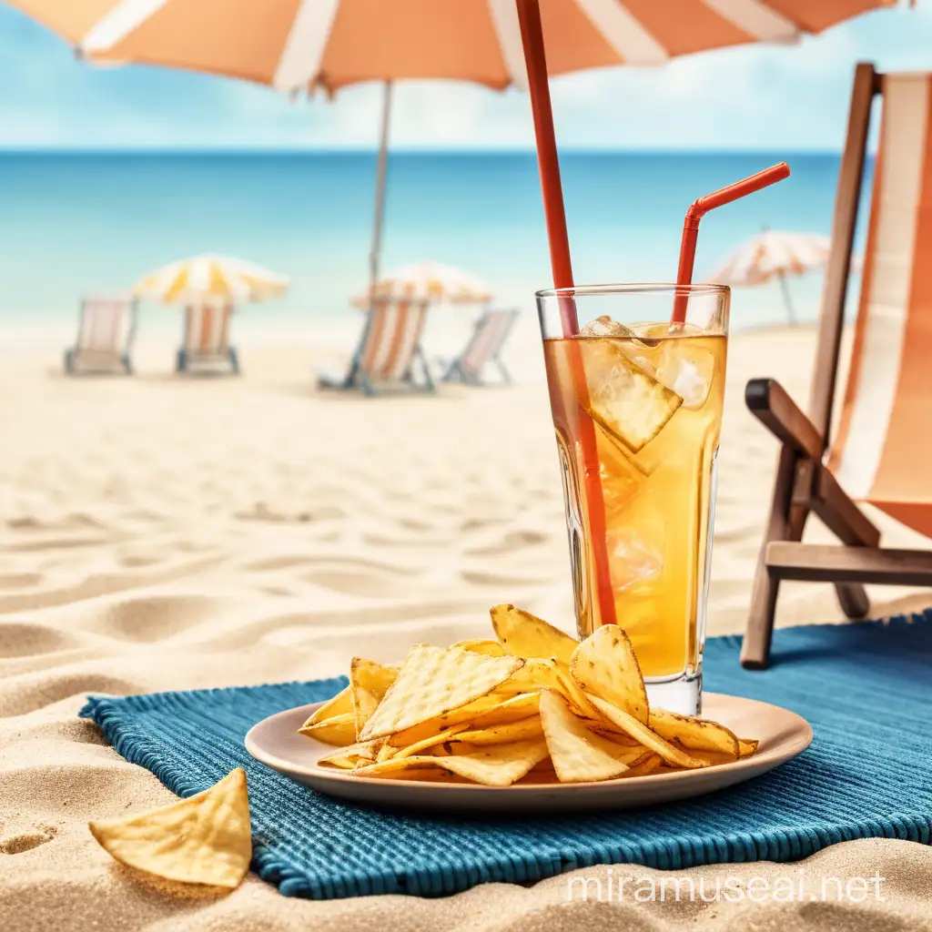 une boisson et un chips couché sur une natte a la plage sous un parasoleil