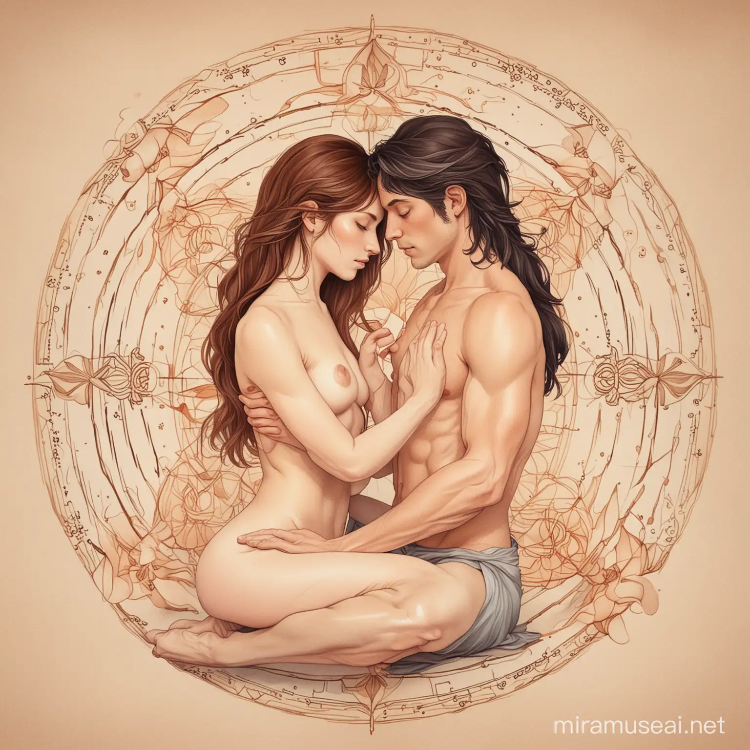 astrological wheel with twin flame, brown haired male and black haired female holding each other, lotus sex position, muted colors, loose lines