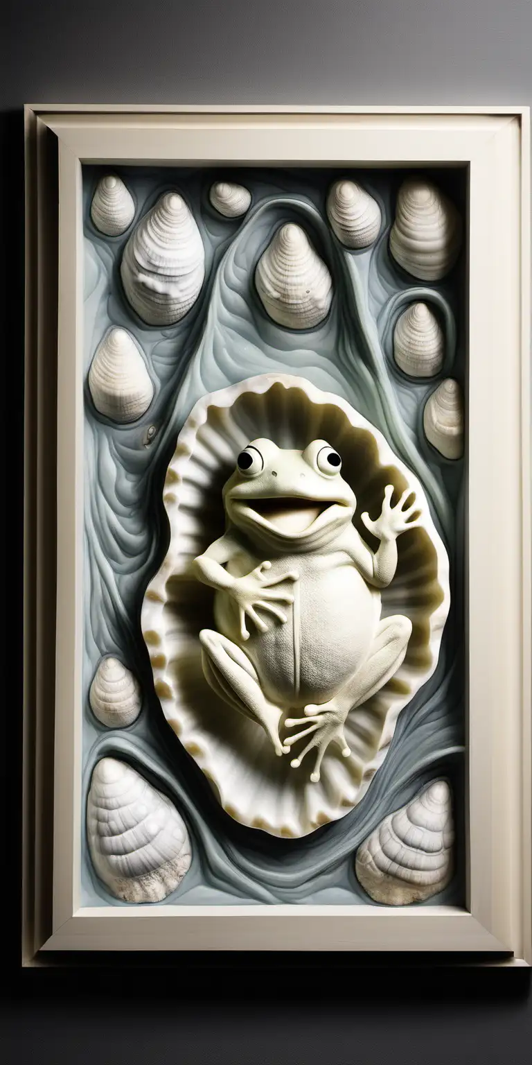 Whimsical Frog Sign in White Chocolate Frame with Oyster Shell Background