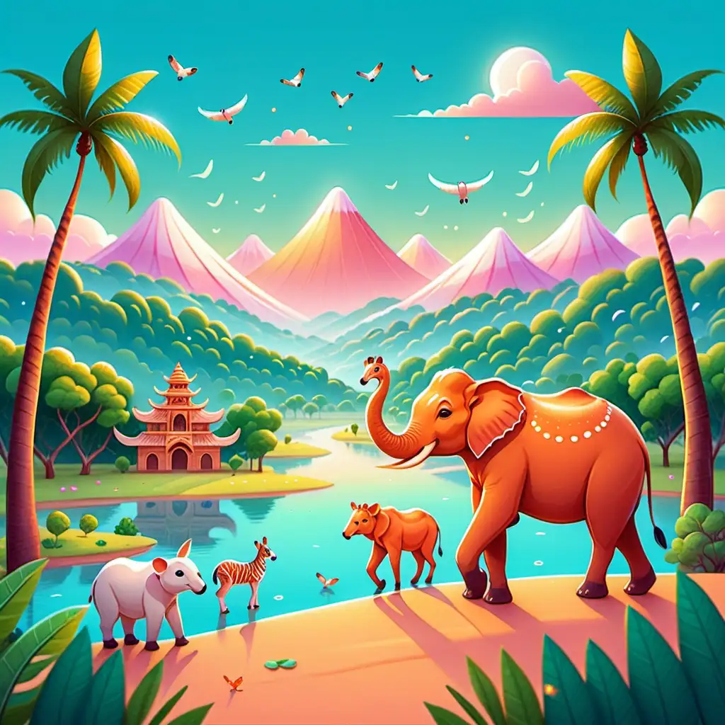 Illustration, kawaii style, landschaft Indien
 mit ein paar tieren 