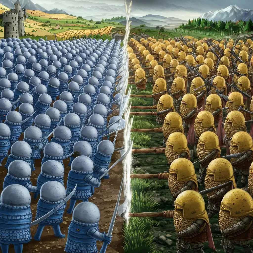 Medieval Battle of Blue and Yellow Armored Balls in Arena with Castles and Villages