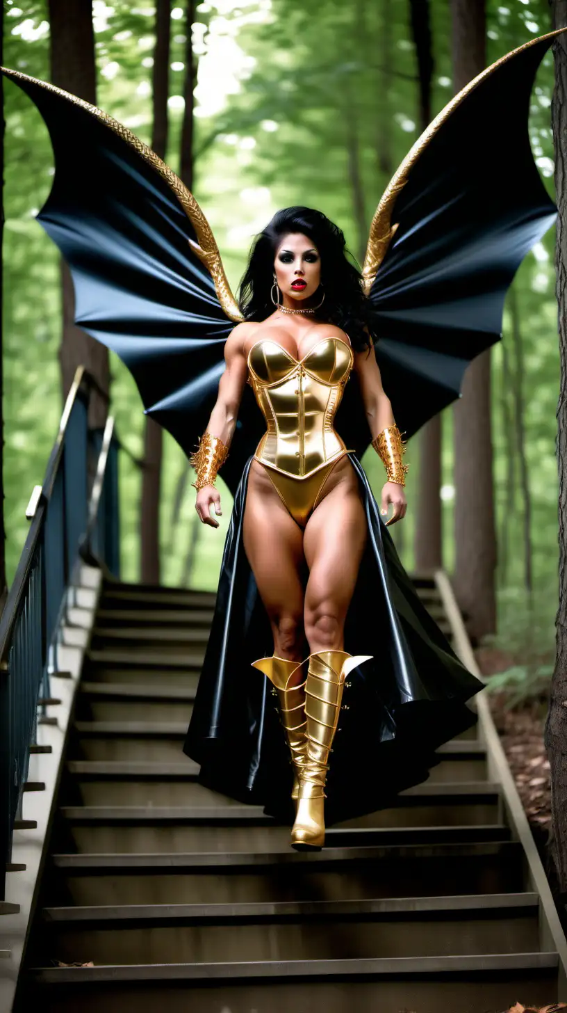Three beautiful powerful superheroines, who are very muscular Italian bodybuilder princesses who are ((flying, hovering, levitating above a staircase in a forest)). Flying hovering while using magical powers, big black hair. (wearing a black latex open fronted ballgown with long train and showing legs). Puff sleeve bolero with collar up, gold wide bangle, black shiny stiletto boots with gold straps and gold spurs, pvc sweetheart corset, wide gold belt, gold hoop earrings, statement gold necklace. Athletic body, slim waist. Very muscular thighs and muscular quads. G-string showing tanned and muscular legs. Very long hair down to waist. Worlds biggest bodybuilders, steroids, veins popping, hoop earrings. Pvc cowboy hat, gold spiked gauntlets, long cape, wind blowing. Huge fake implants, gold dragon wings