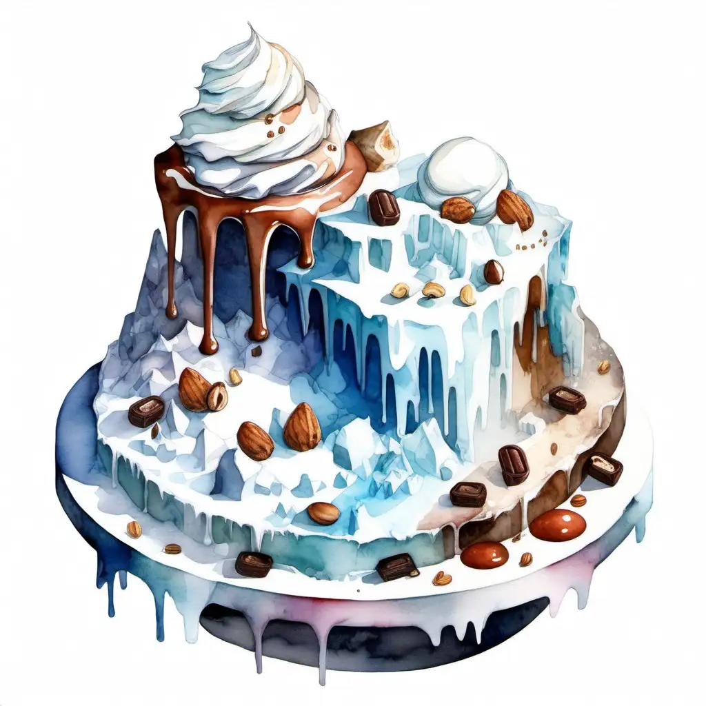 a watercolor blob-like platform with a clear white background. On the platform, make an icy biome with ice cream  glaciers, topped with whip cream, hot fudge and nuts

