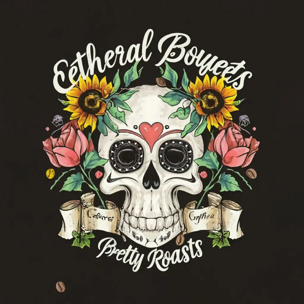 logo, Skull wearing long eyelashes and blush, a coffee bean, sunflowers, Black roses, black tulips. old english cursive lettering, with the text "Ethereal Bouquets X Pretty Roasts", typography, be used in Restaurant industry