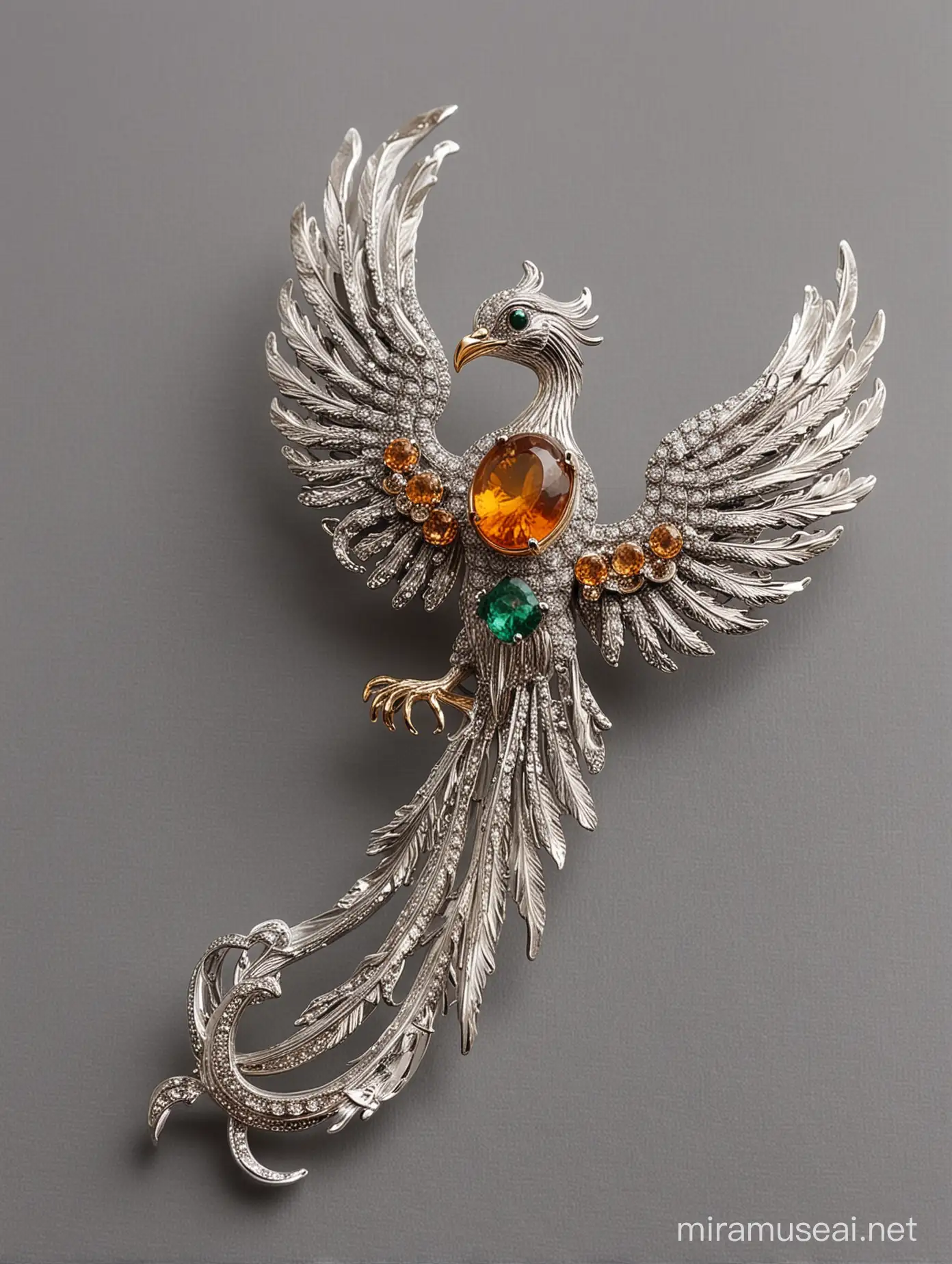Phoenix Bird Brooch with Emerald Eyes and Amber Tail Detail
