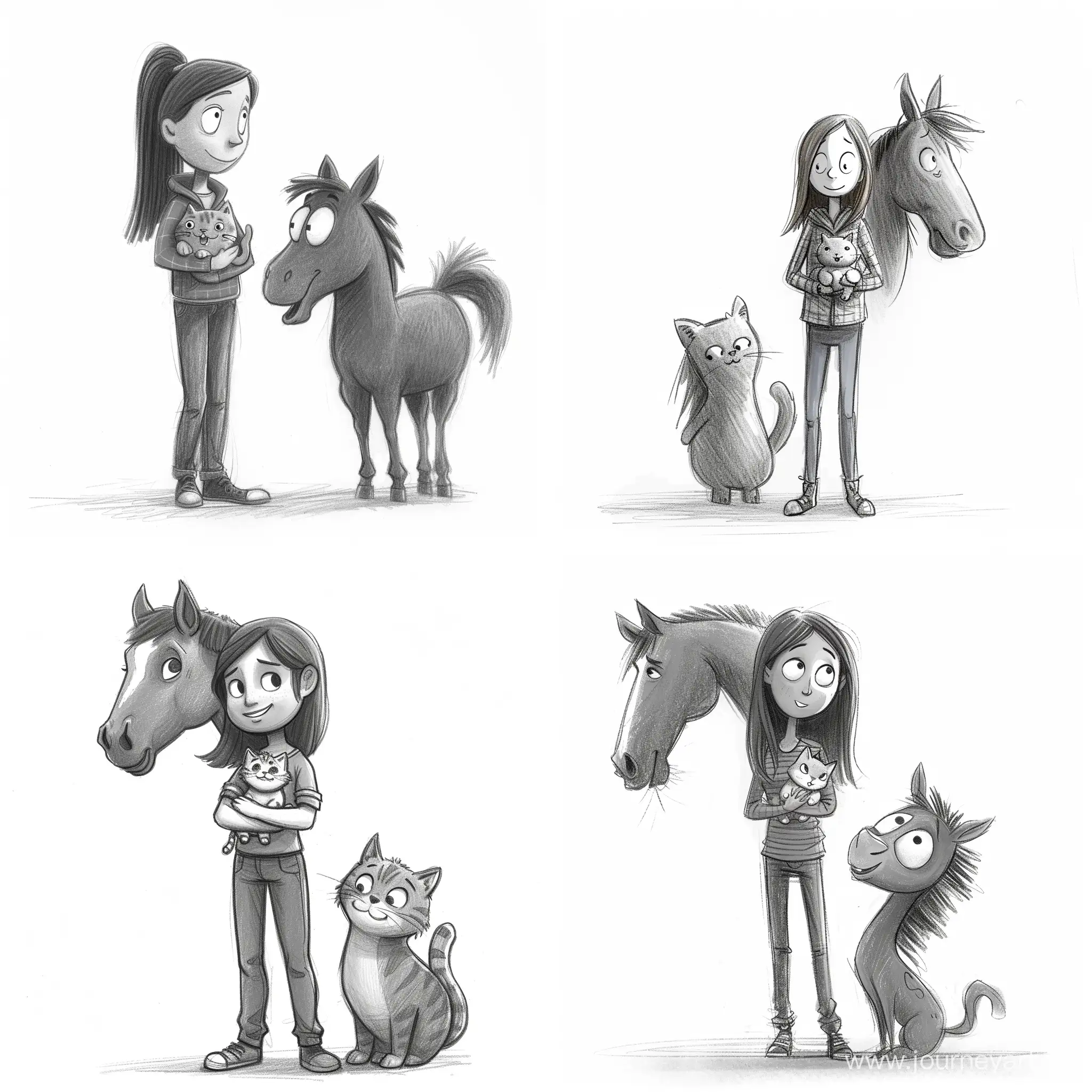 Illustration, a simple, cute, grayscale, pencil cartoon . Young woman stands (holding a happy cat). A horse looks over her shoulder amused. Illustration for a children’s book, whimsical , basic, adorable, line, drawing, some shading, pencil texture plain white background