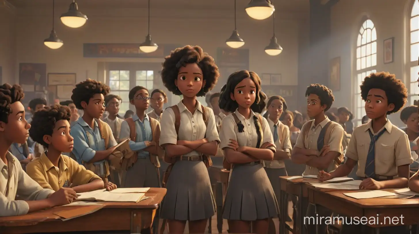 Create an image of an African-American junior high school history class where students are standing and talking to each other in small groups all around the room. Illumination, Disney-Pixar style illustration, 3D animation, 4k