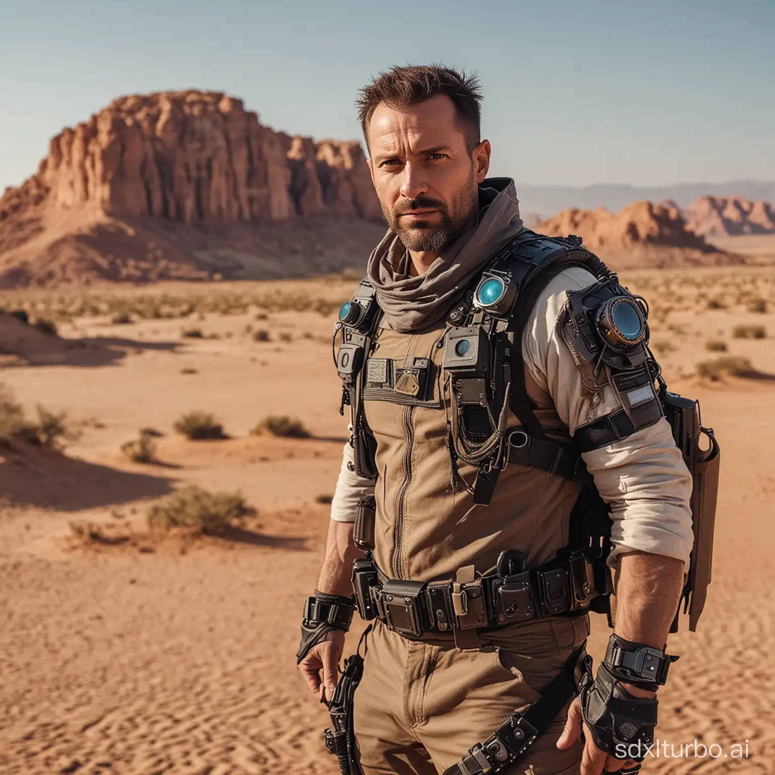 A man 40 year old, dressed as a cyberpunk explorer of the desert