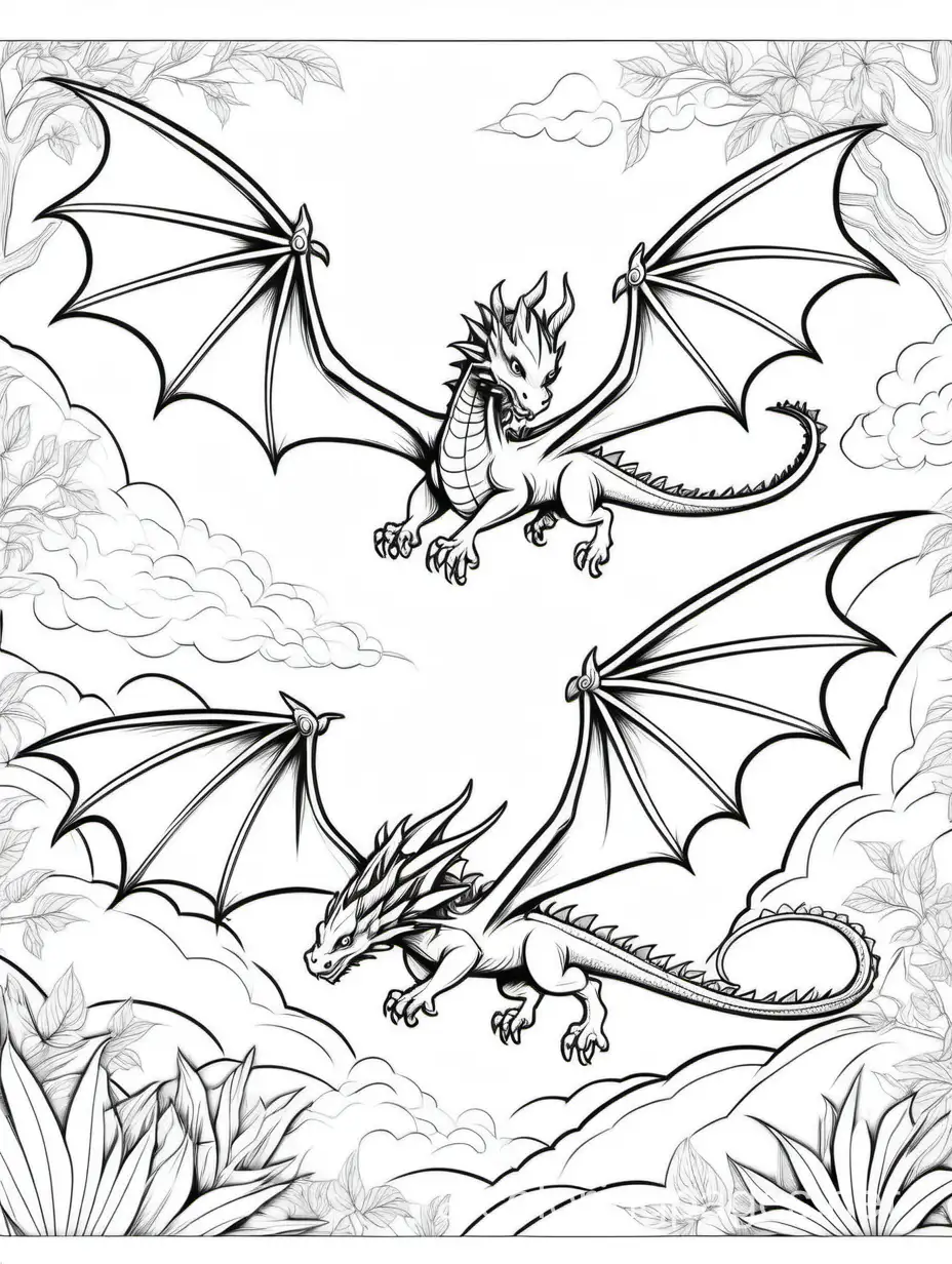 flying dragons, Coloring Page, black and white, line art, white background, Simplicity, Ample White Space. The background of the coloring page is plain white to make it easy for young children to color within the lines. The outlines of all the subjects are easy to distinguish, making it simple for kids to color without too much difficulty