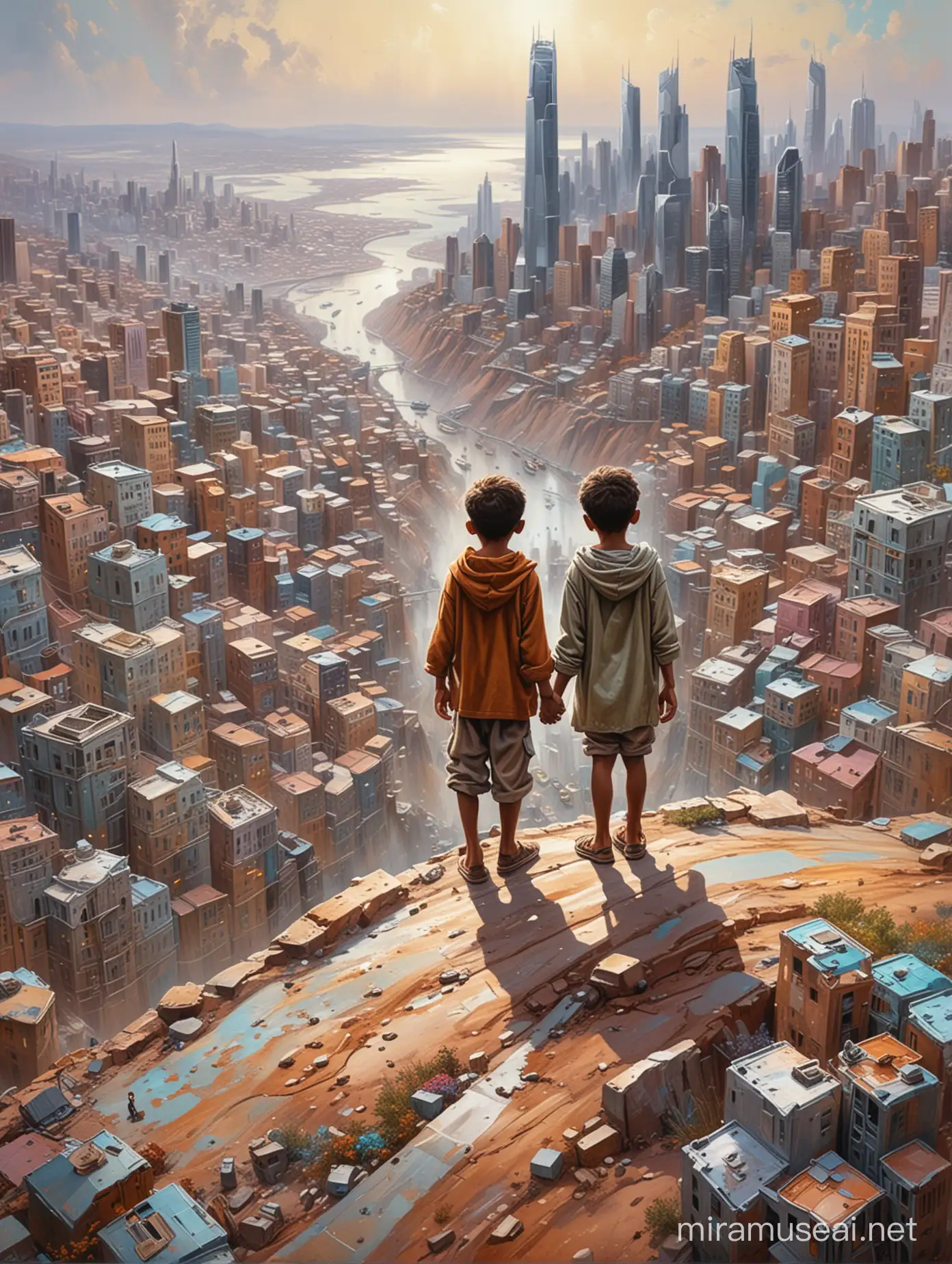 A (((stunningly intricate painting))), ((wide view from above)), where a pair of brown children dressed in dirty rags stand hand in hand on a hillside, the children are looking down on a futuristic city made of curved silver skyscrapers, focus on the fantastic details of the shiny city buildings, use muted pastel colors only, high quality