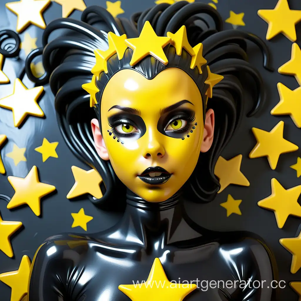 Латексная девушка с блестящей черной латексной кожей и желтой резиновой прической с желтыми звездочками на щеках лежит на полу